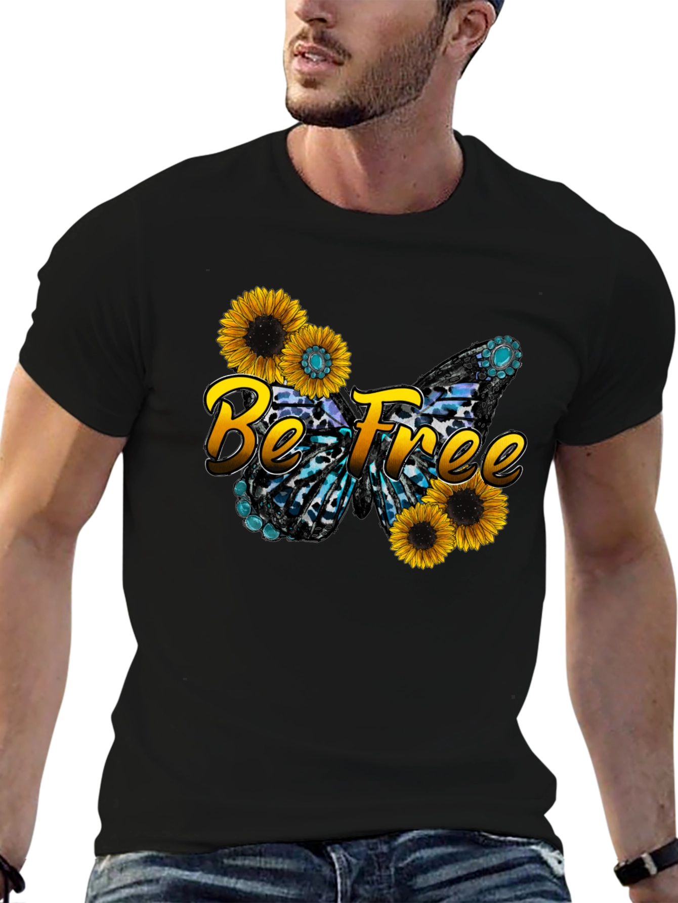 Black Be Free Sunflower Butterfly Graphic Black T-Shirt view 6