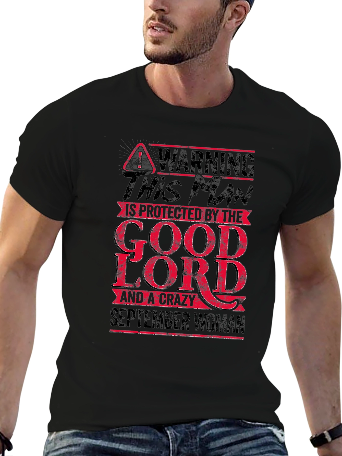 Black Warning Protected by Good Lord and September Woman T-Shirt view 6