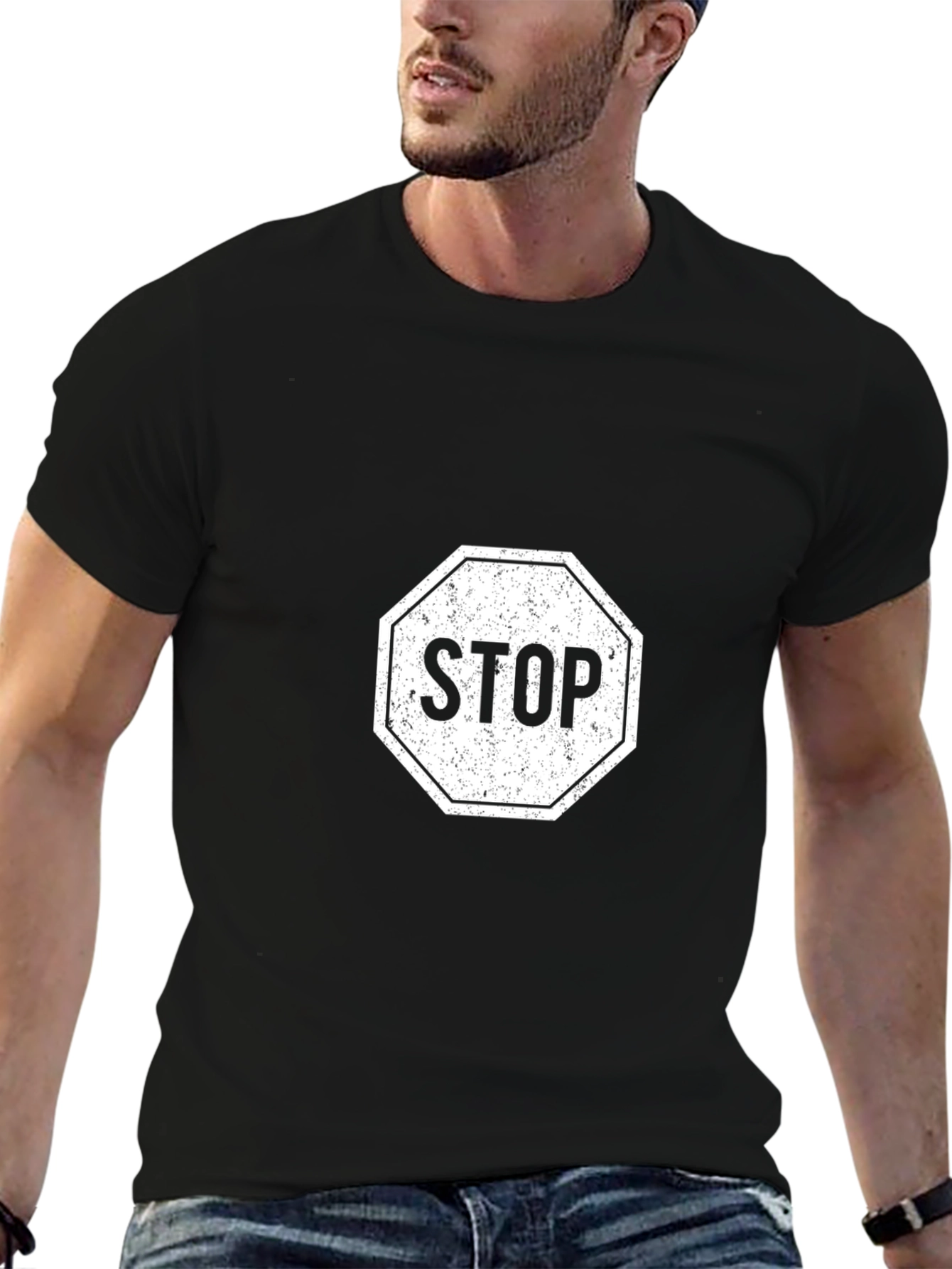 Black Stop Sign Graphic Print Black T-Shirt for Men view 6