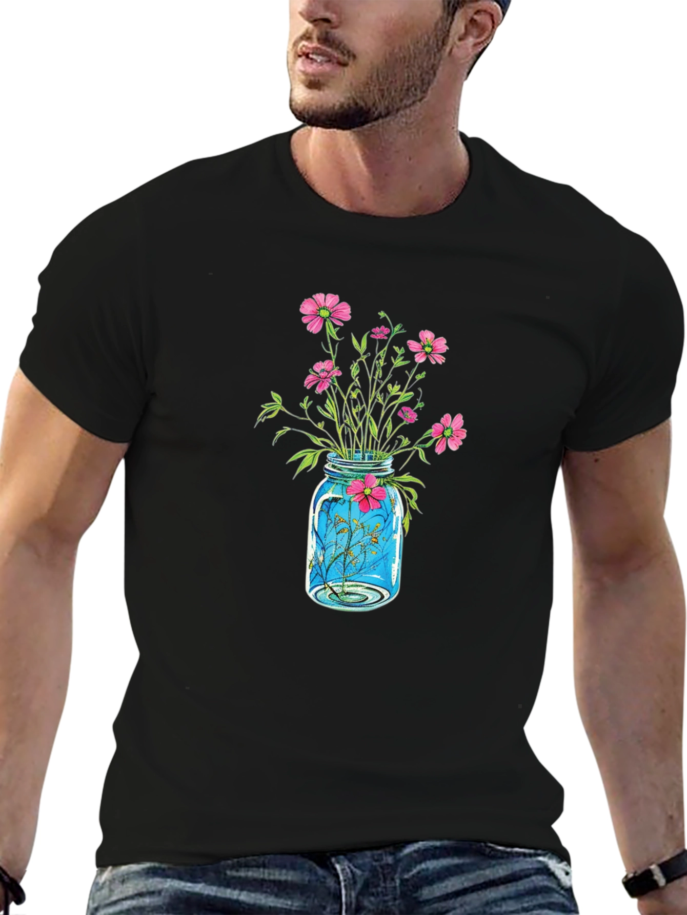 Black Floral Jar Graphic Tee - Black Casual Shirt view 6