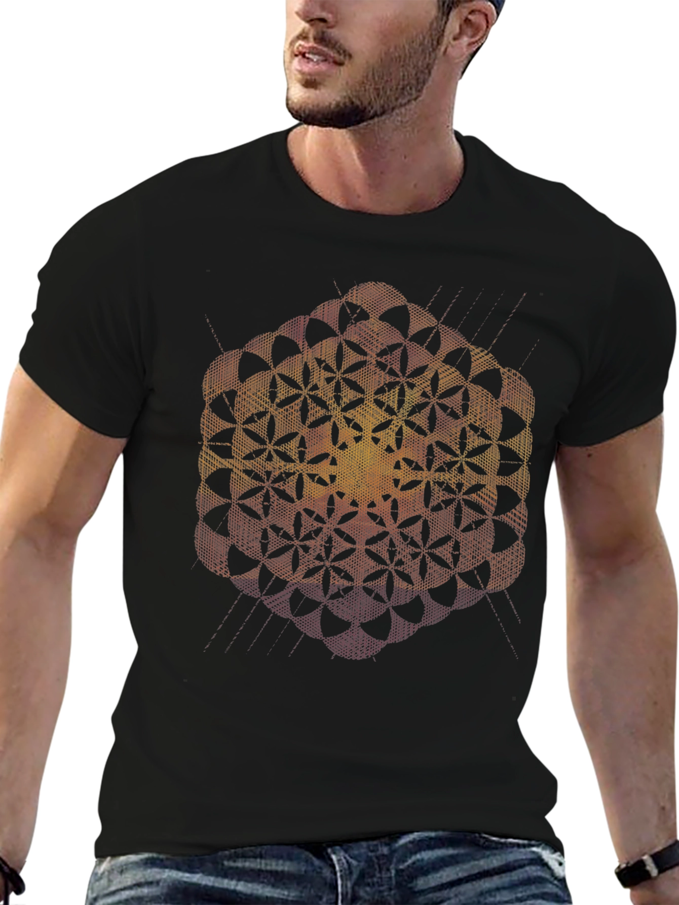 Black Geometric Flower of Life Black T-Shirt view 6