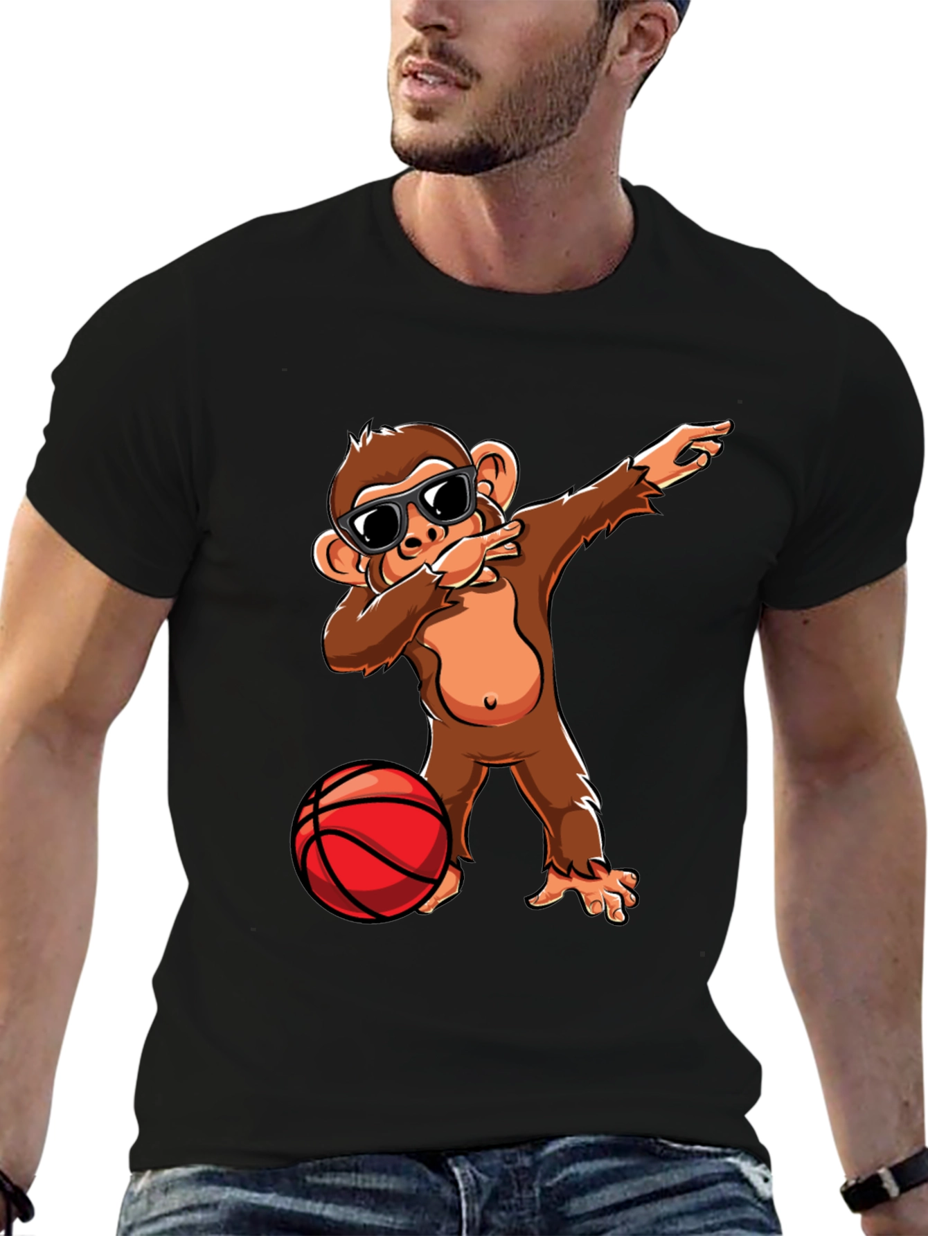 Black Monkey Dabbing with Basketball Graphic Tee view 6