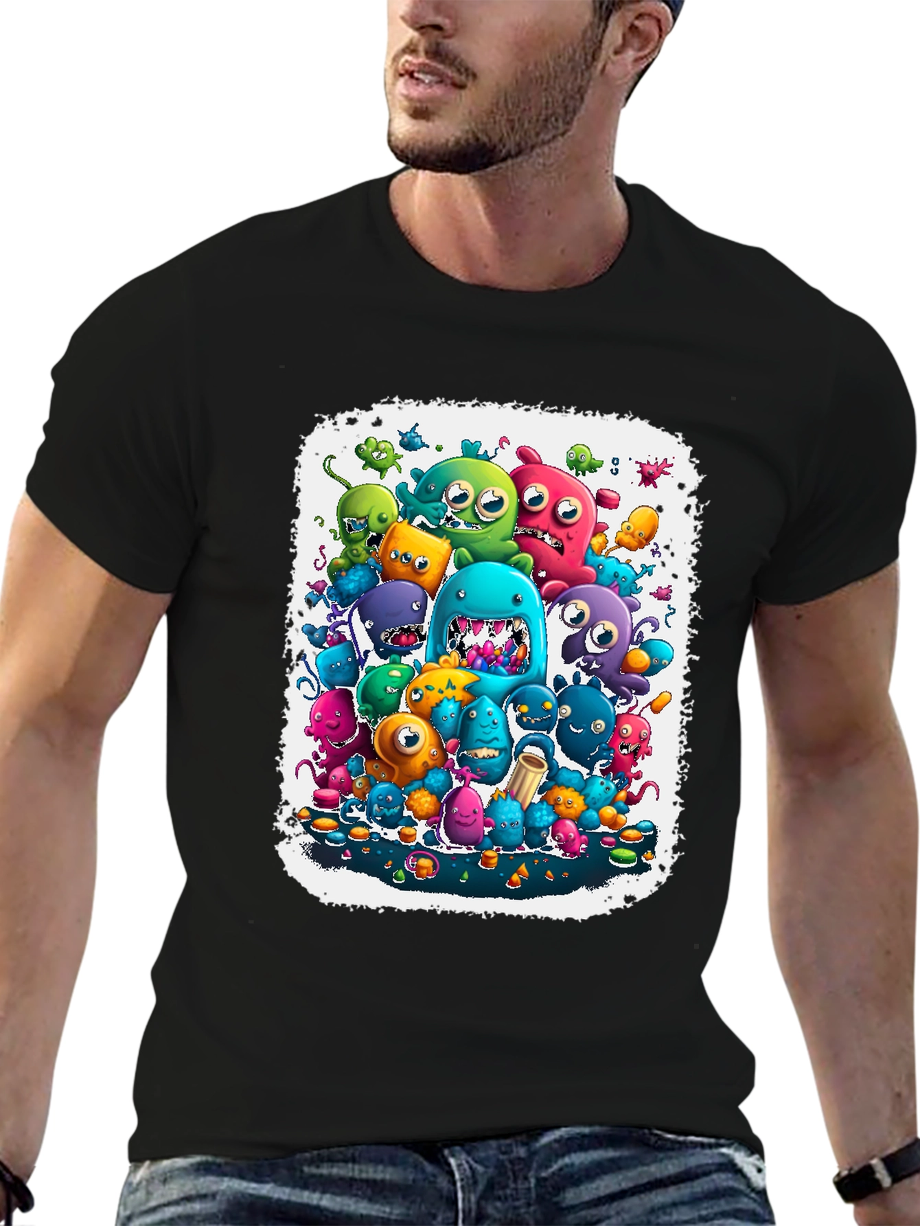 Black Monster Mash Tee: Colorful Cartoon Graphic Print view 6