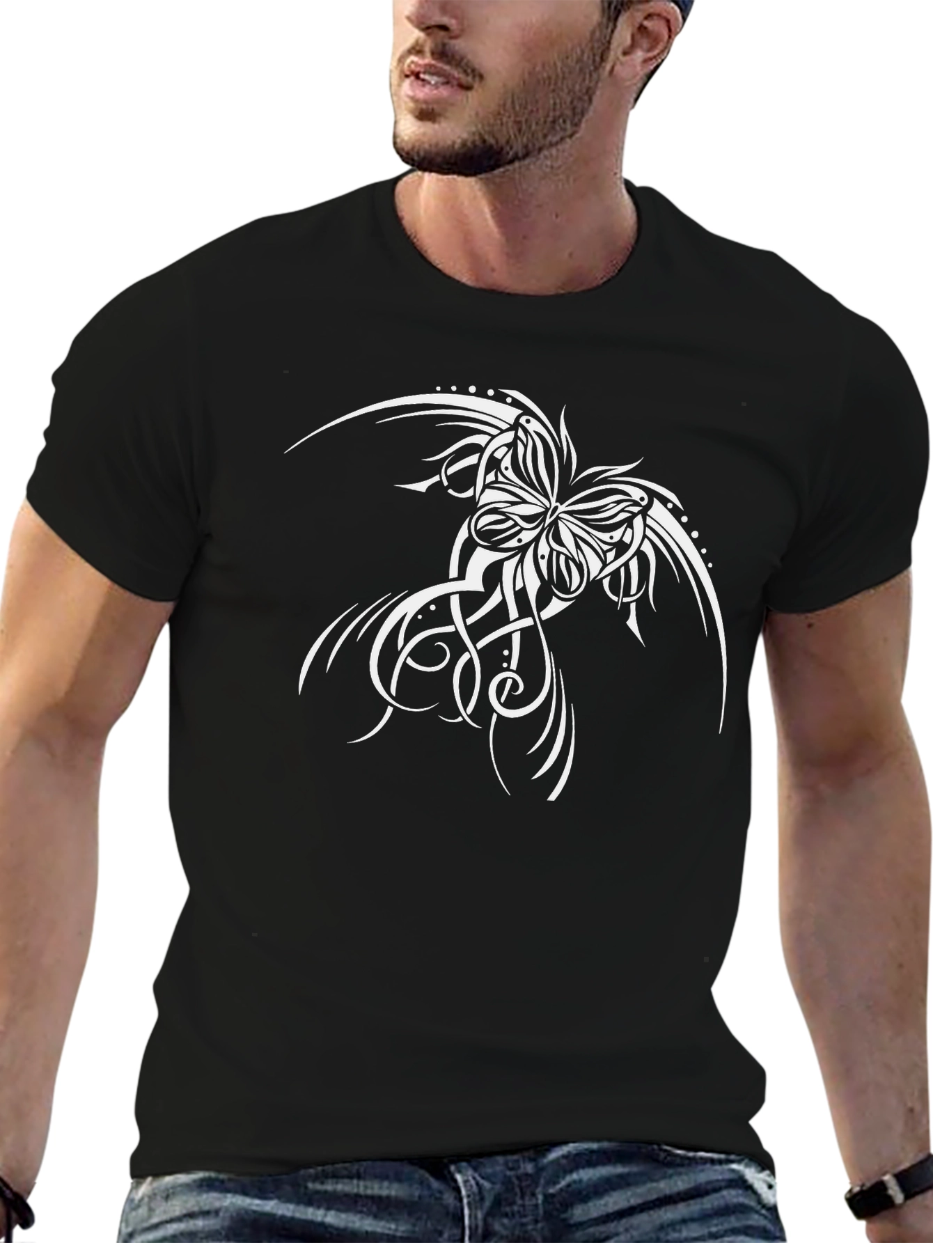 Black T-Shirt with Butterfly Tattoo Design - 6