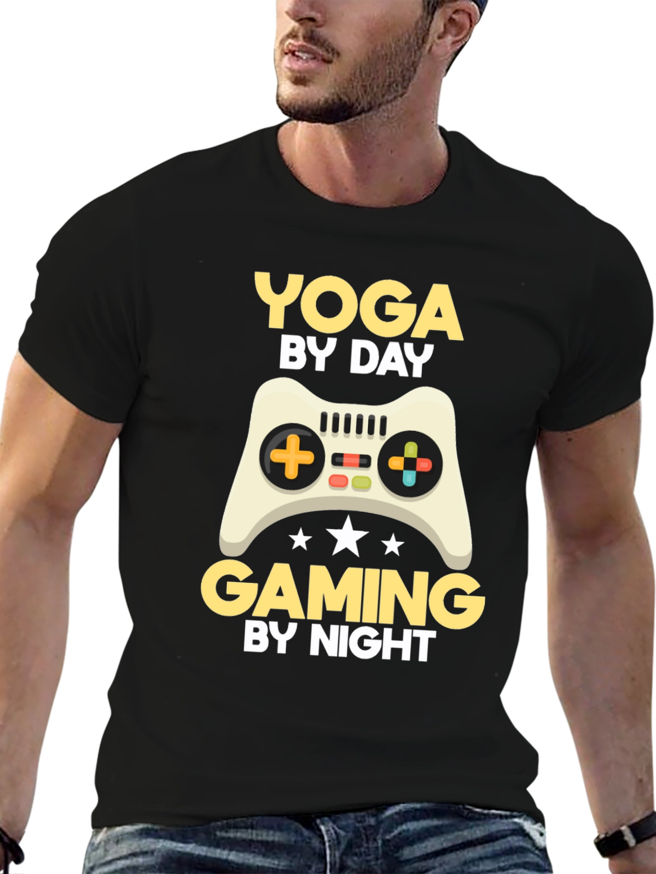 Black Yoga By Day, Gaming By Night T-Shirt view 6