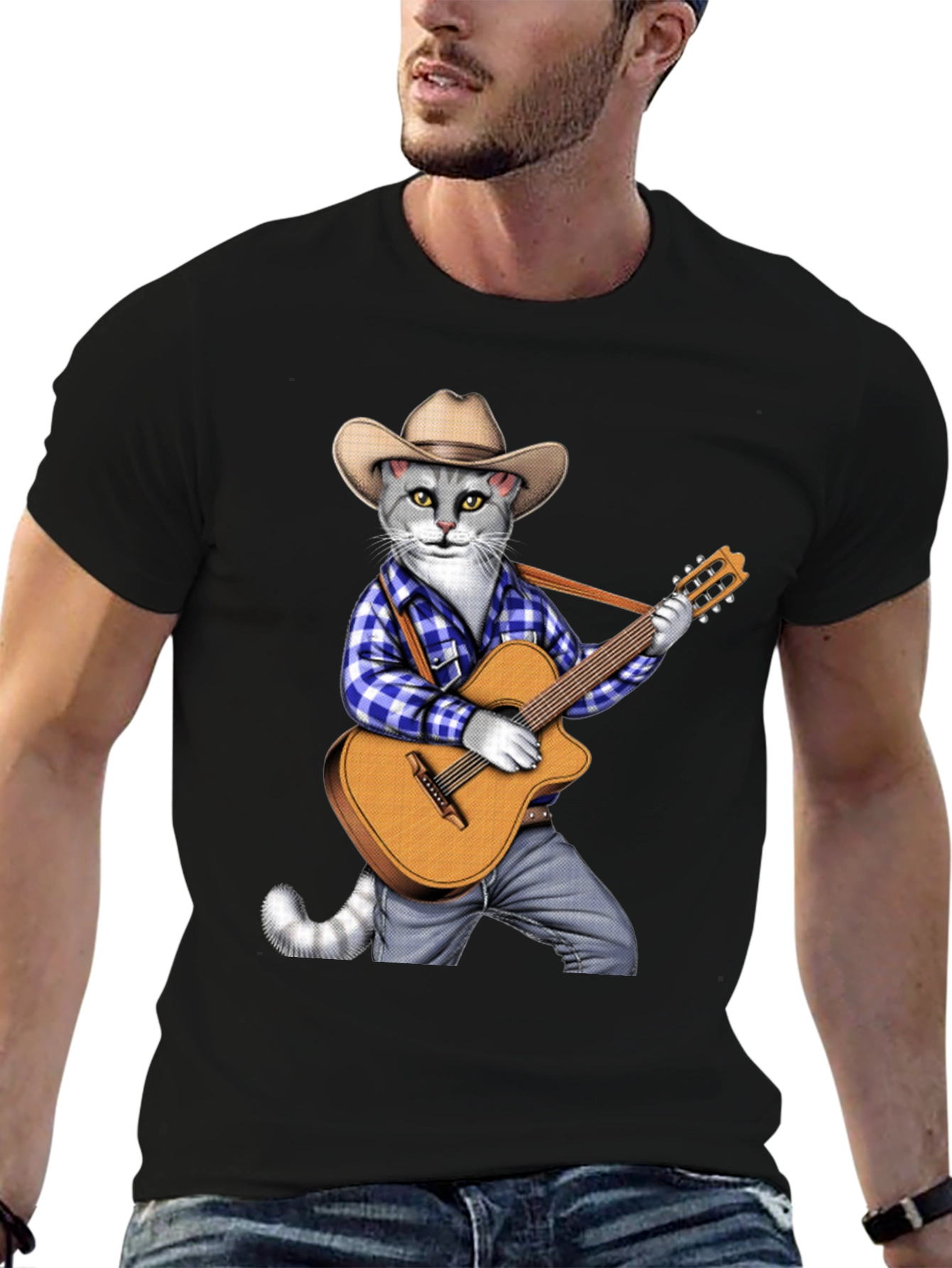Black Cool Cat Guitarist Graphic Tee view 6