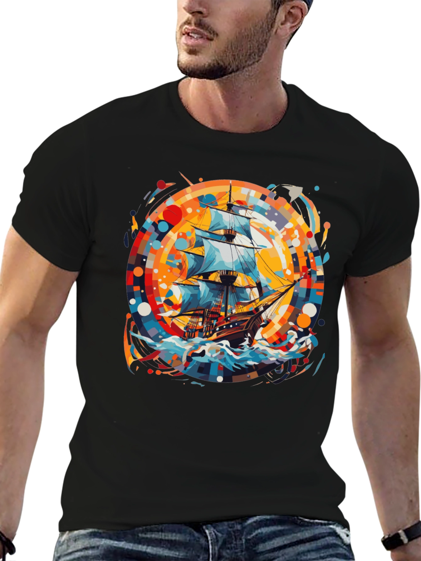 Black Nautical Adventure Tee: Ship Graphic Black Cotton Shirt view 6