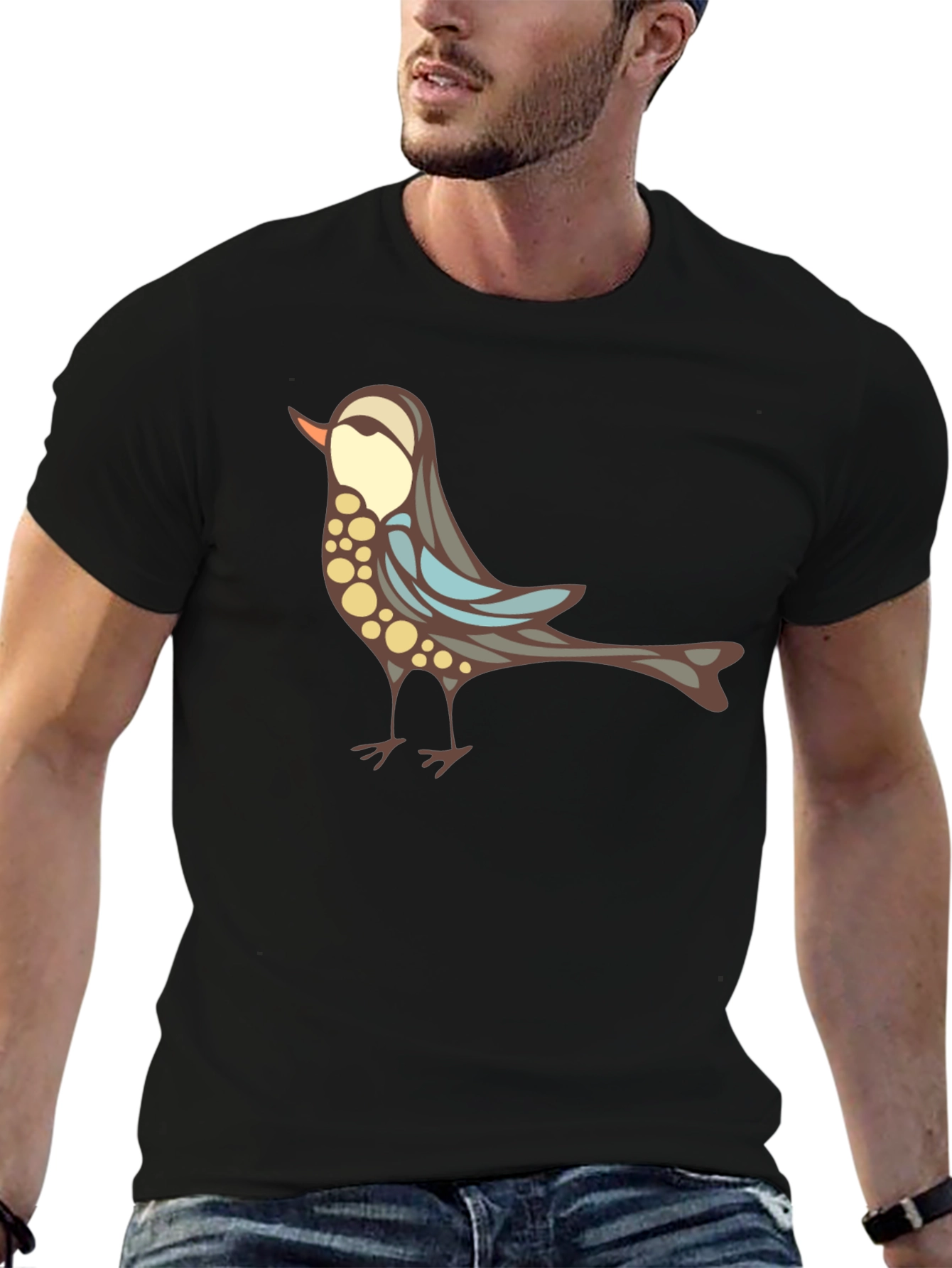 Black Stylish Bird Graphic Black T-Shirt view 6