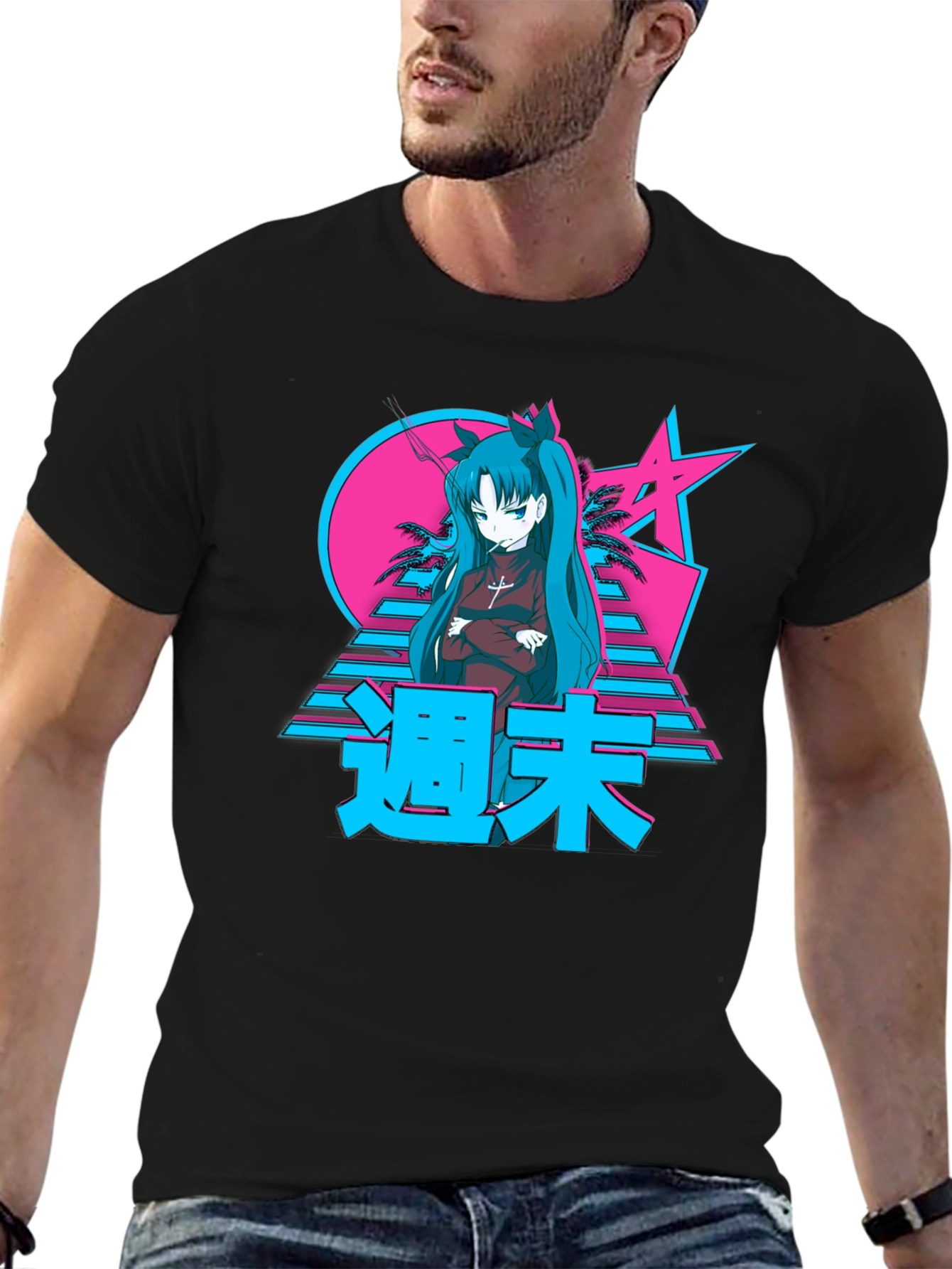 Black Retro Anime Graphic T-Shirt view 6