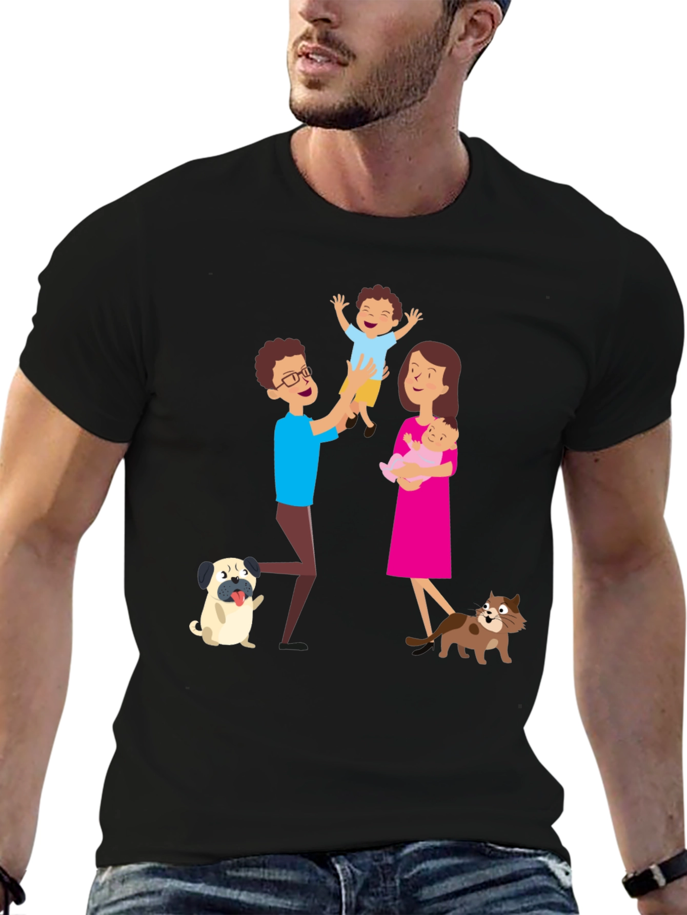 Black Cartoon Family Graphic Tee - Father's Day Gift view 6