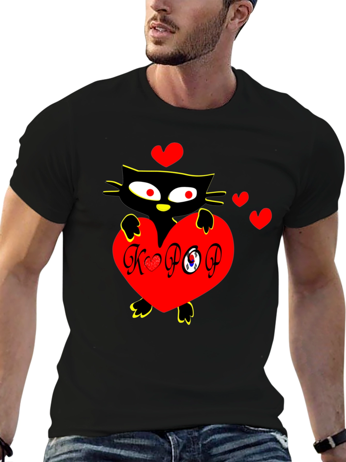 Black K-POP Cat Heart Graphic Tee view 6