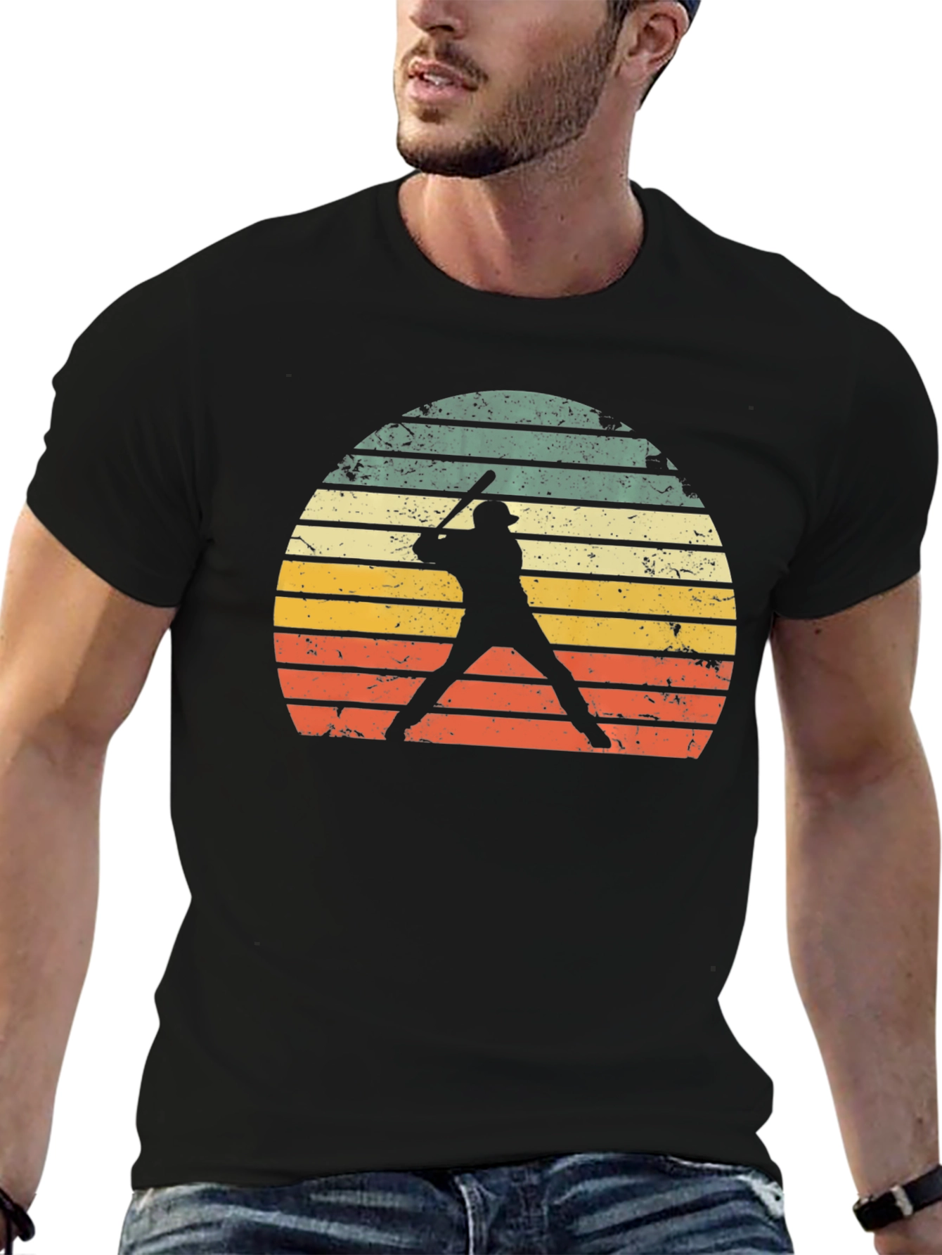 Black Vintage Baseball Player Sunset Graphic Tee view 6