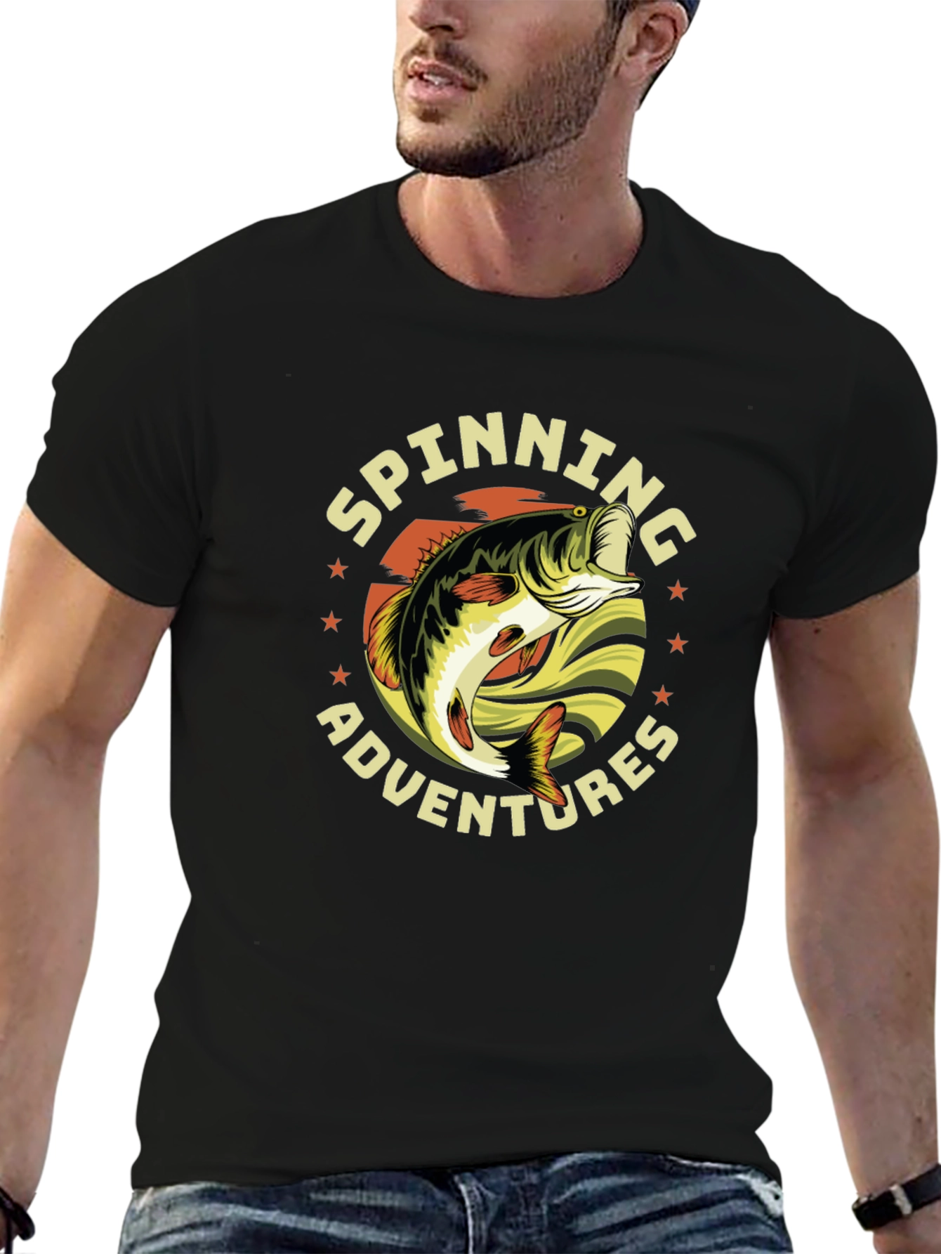 Black Spinning Adventures Fishing T-Shirt view 6