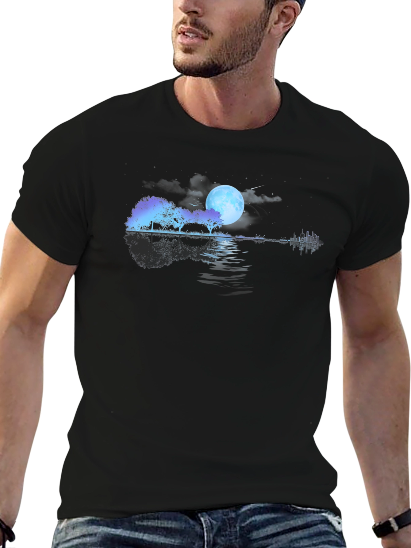 Black Moonlit Guitar Lake Black T-Shirt view 6