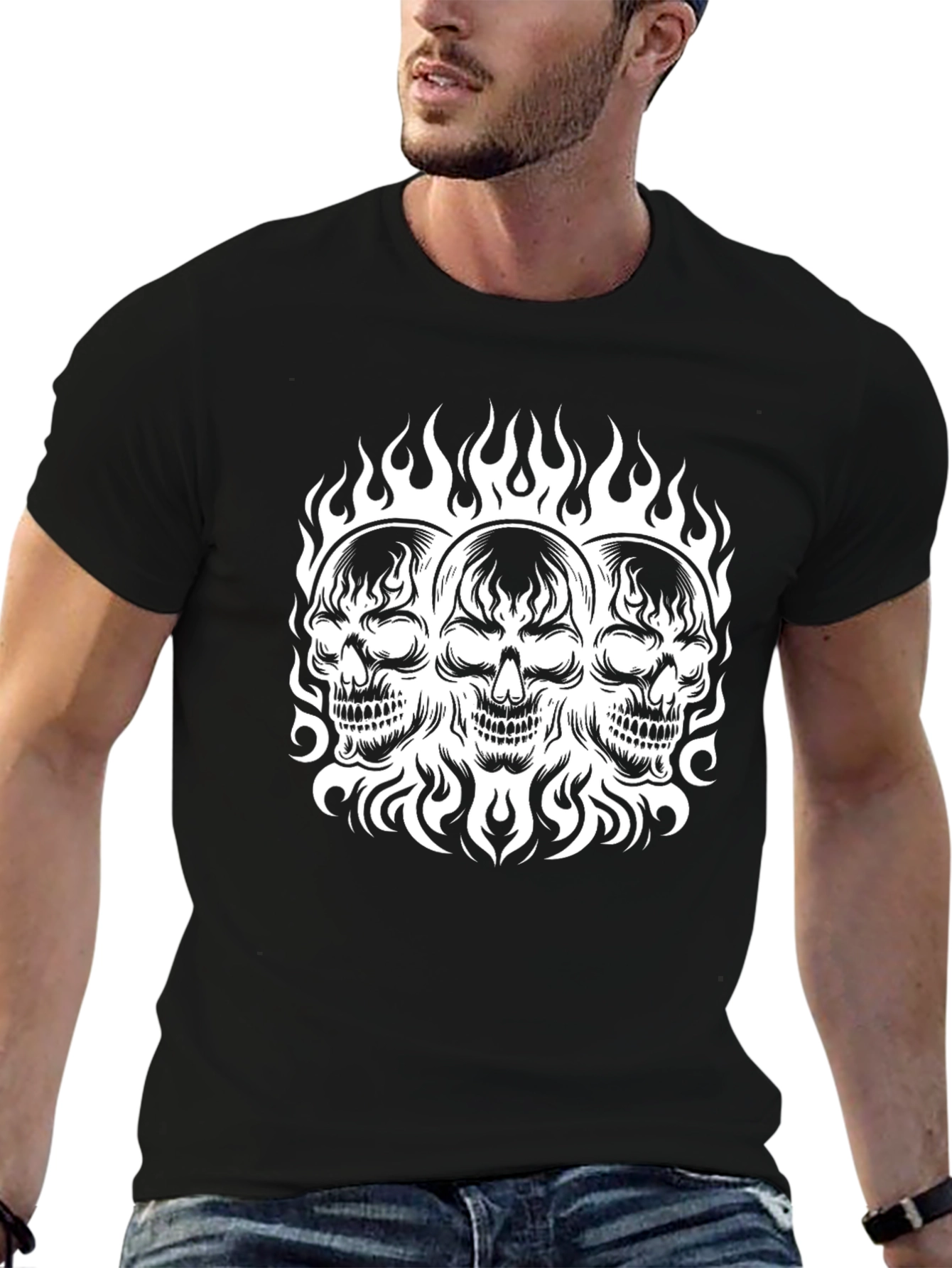 Black Skull Trio Flames T-Shirt - Men's Black Graphic Tee view 6