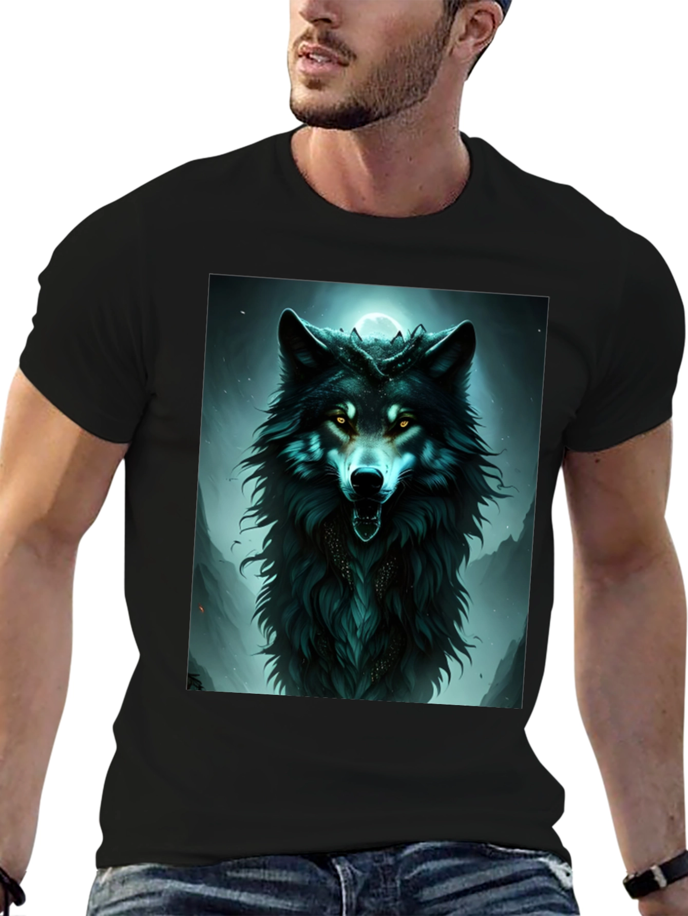 Black Mystic Wolf Graphic Tee - Black Cotton Comfort view 6