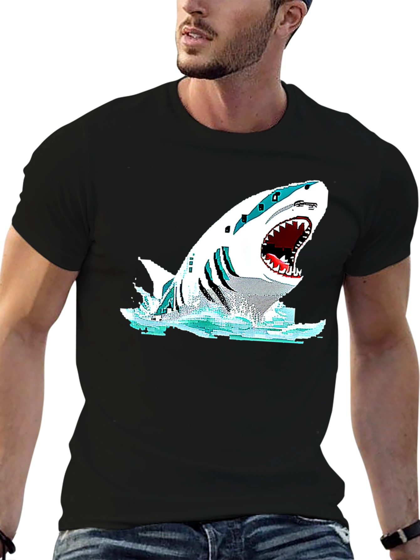 Shark Graphic Black T-Shirt - Pixelated Design - 6