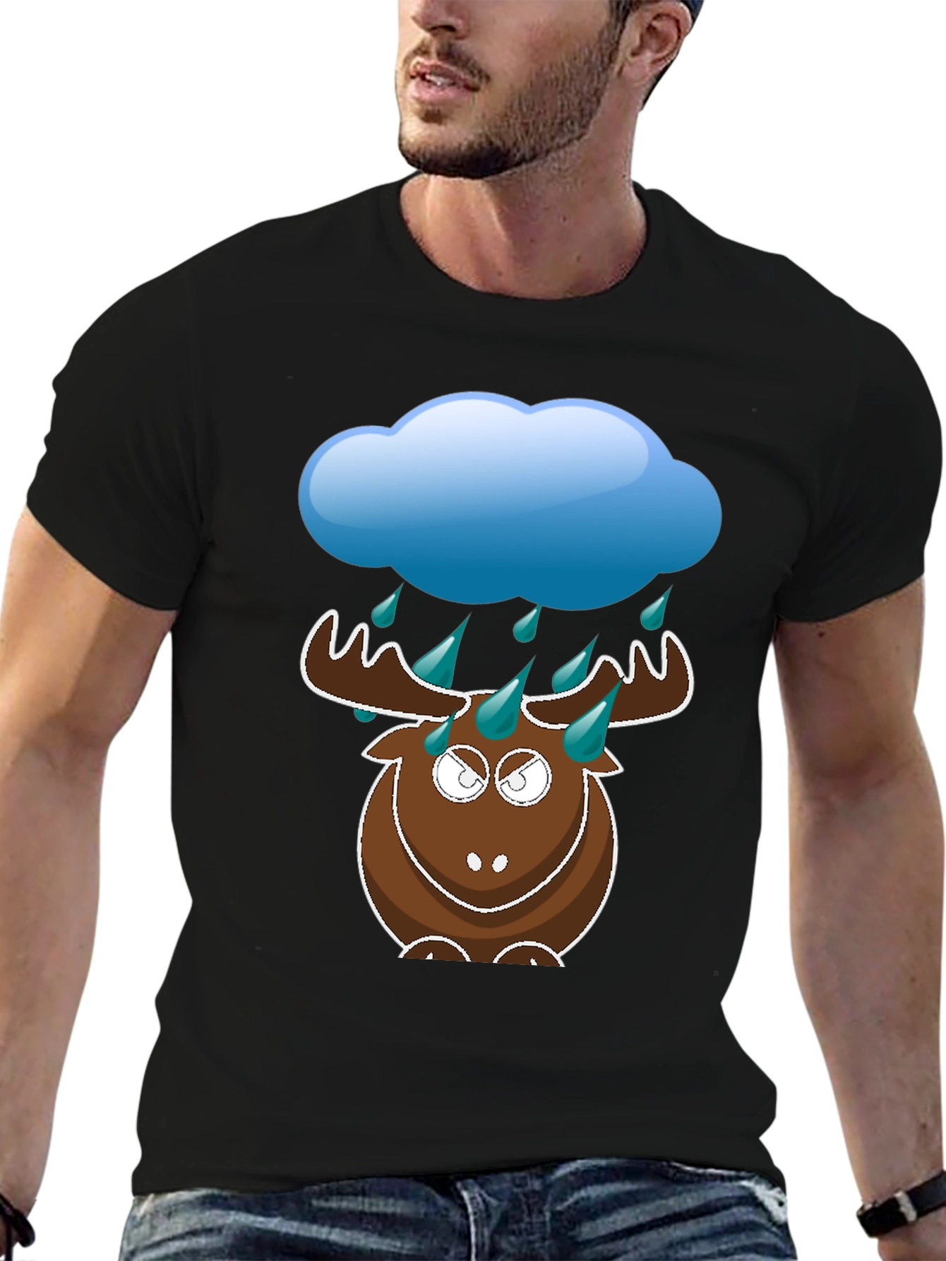 Black Humorous Rainy Moose Black T-Shirt view 6