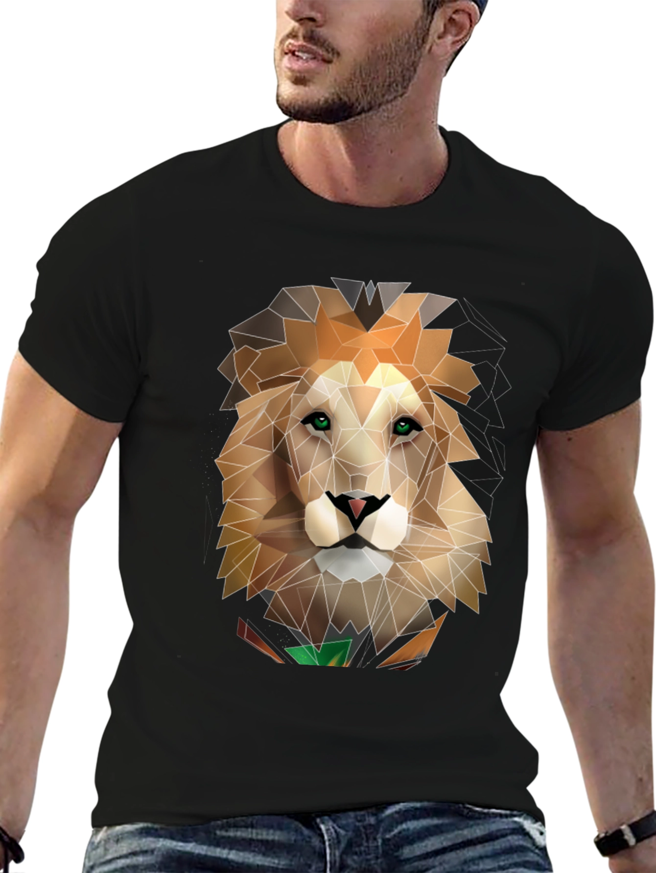 Black Geometric Lion Graphic Black T-Shirt view 6