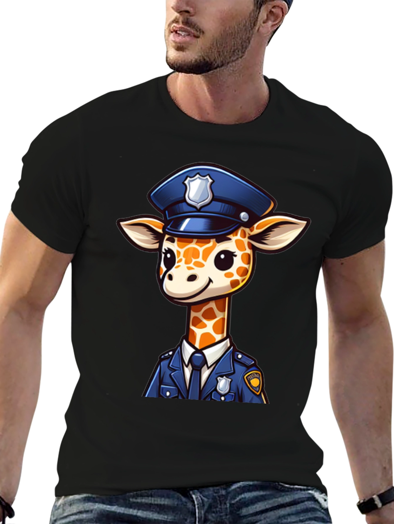 Black Giraffe Police Officer Black T-Shirt view 6