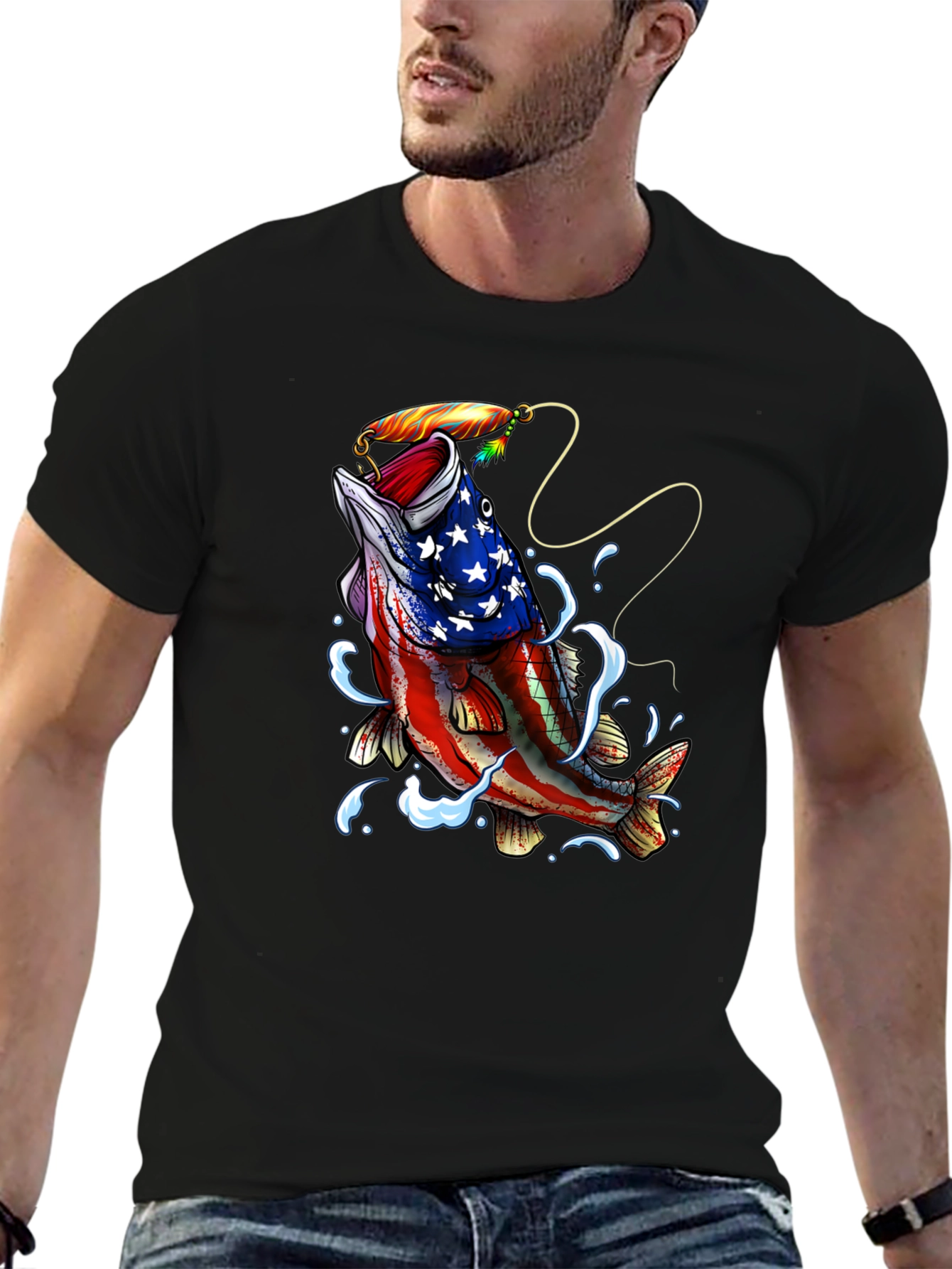 Black American Flag Bass Fishing Graphic T-Shirt view 6