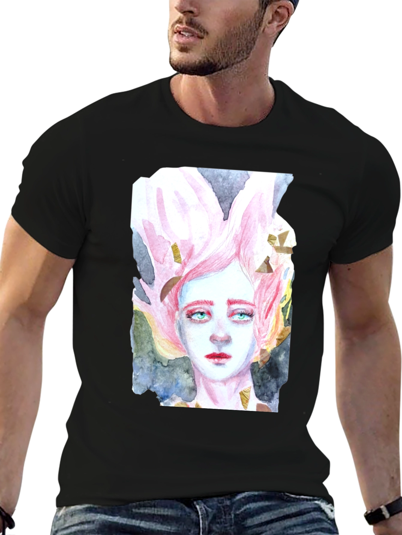 Black Watercolor Portrait Graphic T-Shirt view 6