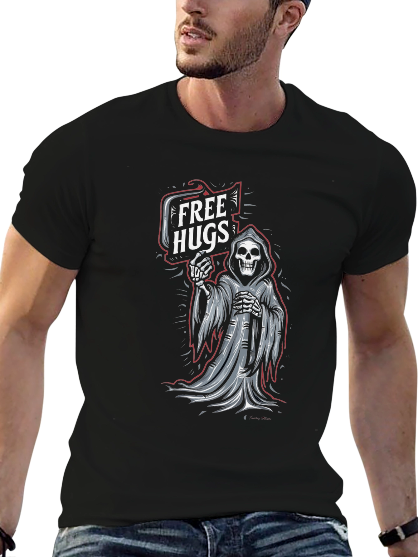 Black Free Hugs Grim Reaper Graphic T-Shirt - Black view 6