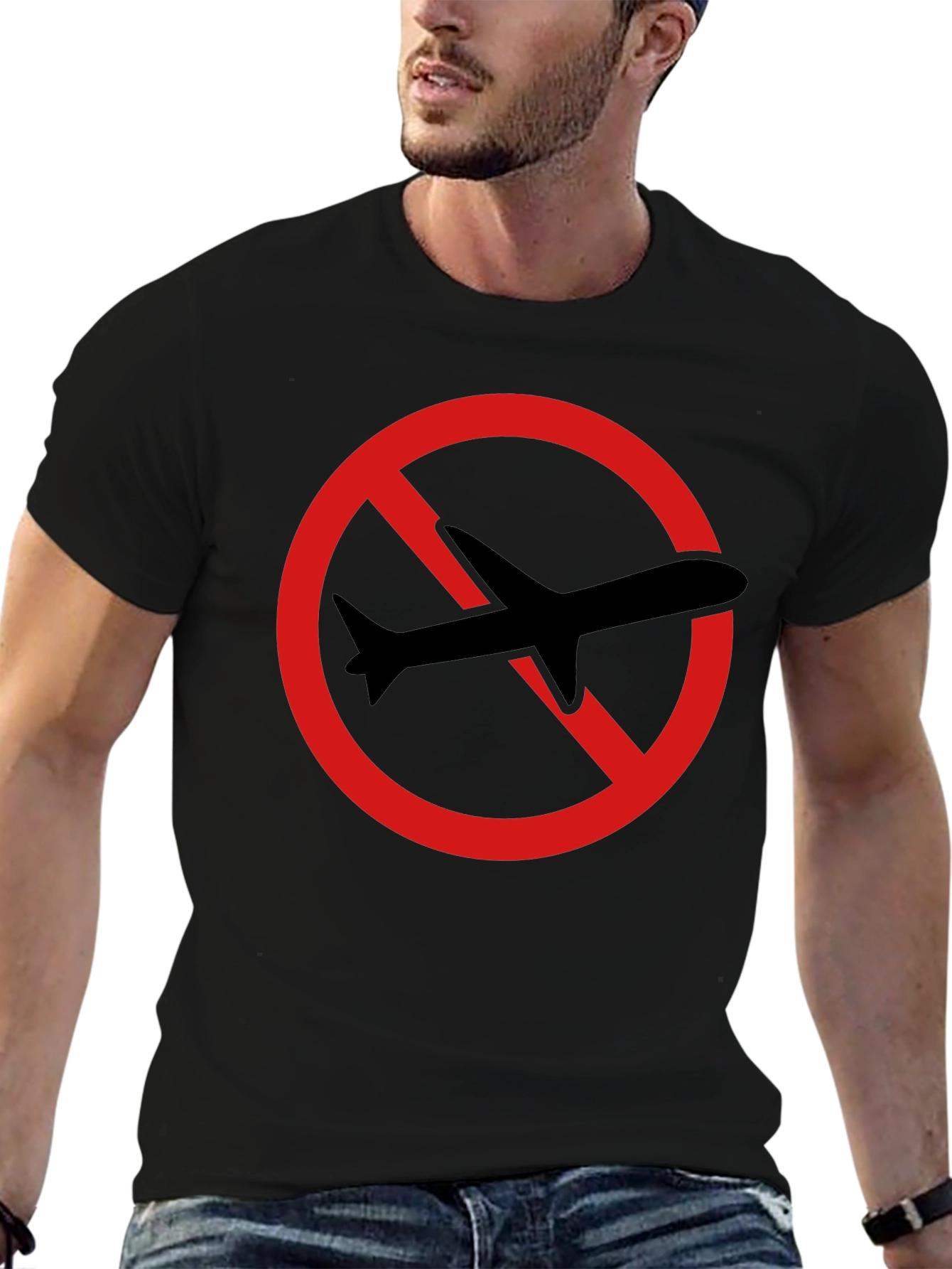 Black No Flying T-Shirt - Black Cotton Tee with Airplane Graphic view 6