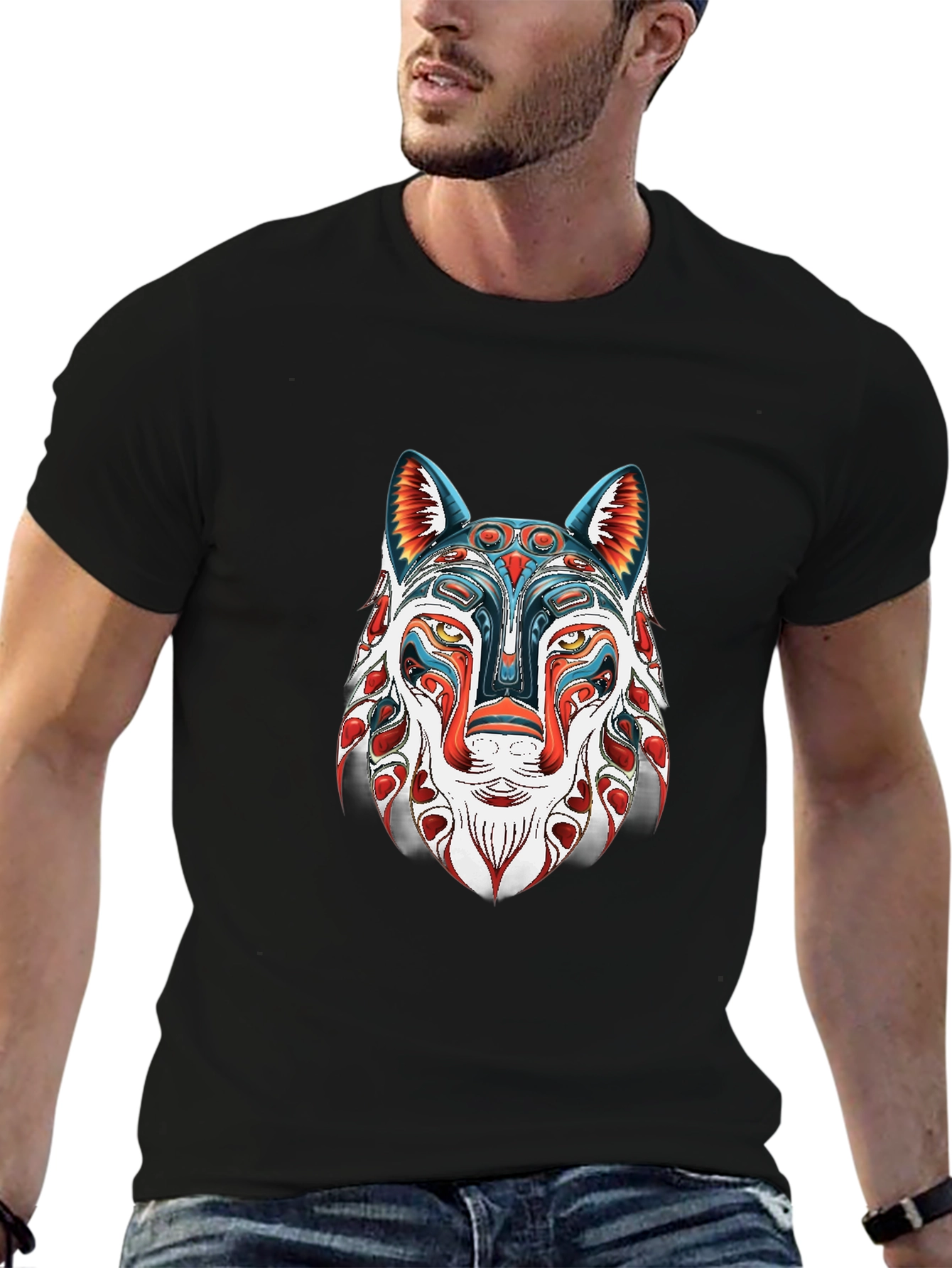 Black Abstract Wolf Graphic Black T-Shirt view 6