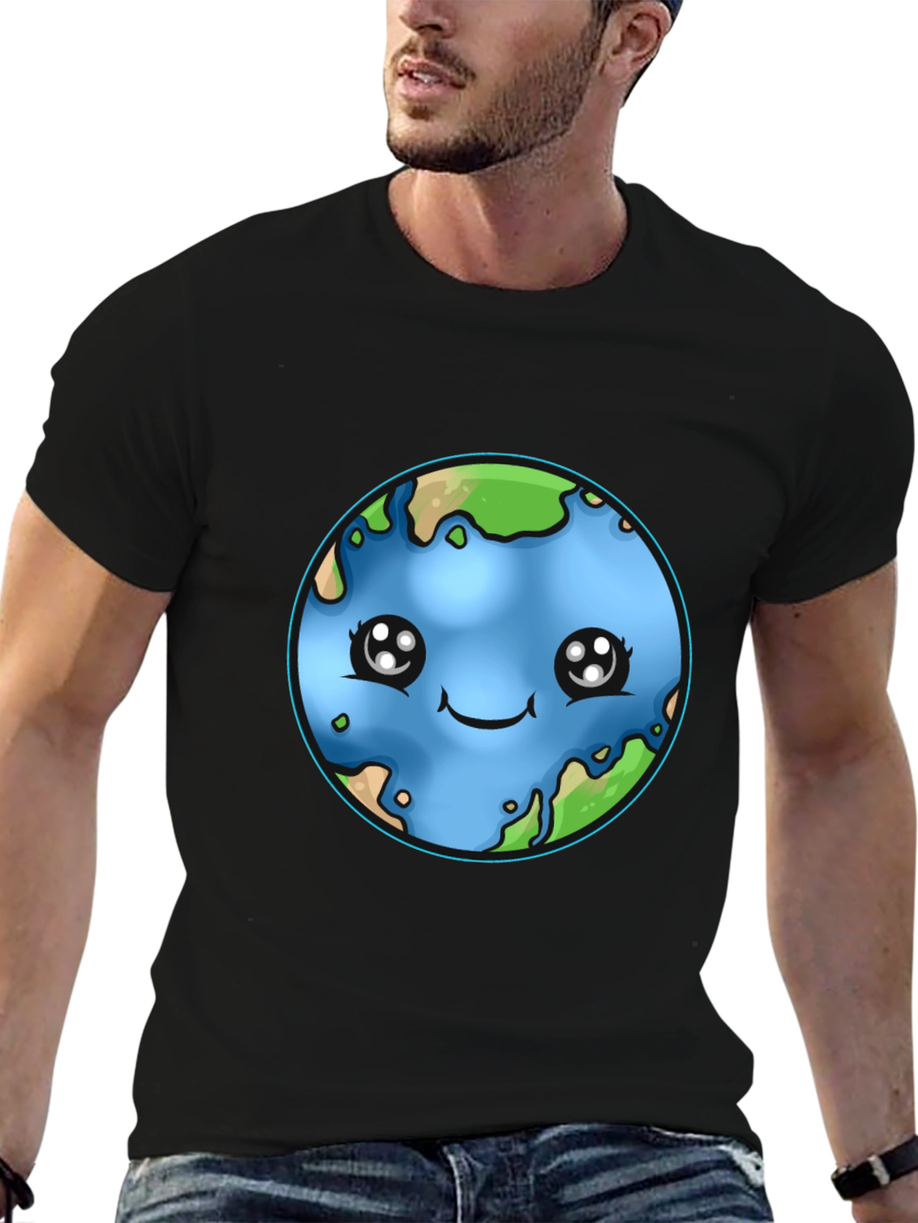 Black Cute Earth Kawaii T-Shirt view 6