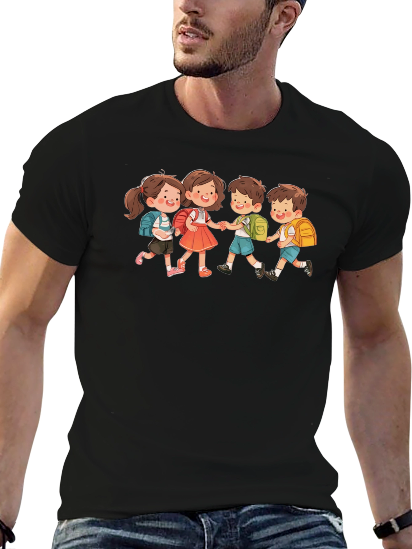 Black Kids Walking Graphic Black T-Shirt view 6