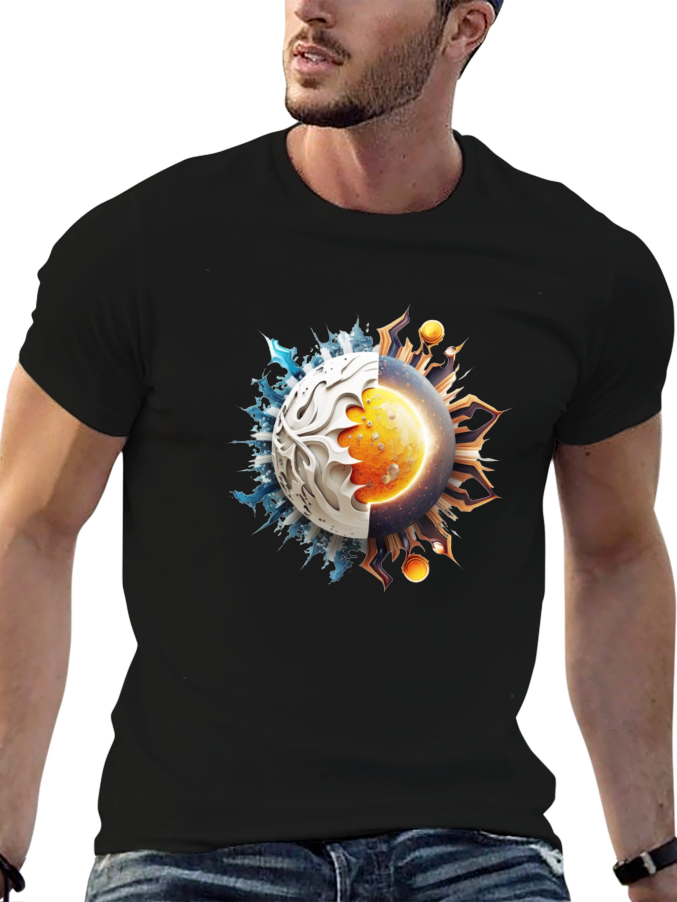 Black Yin Yang Sun and Ice Planet Graphic Tee view 6