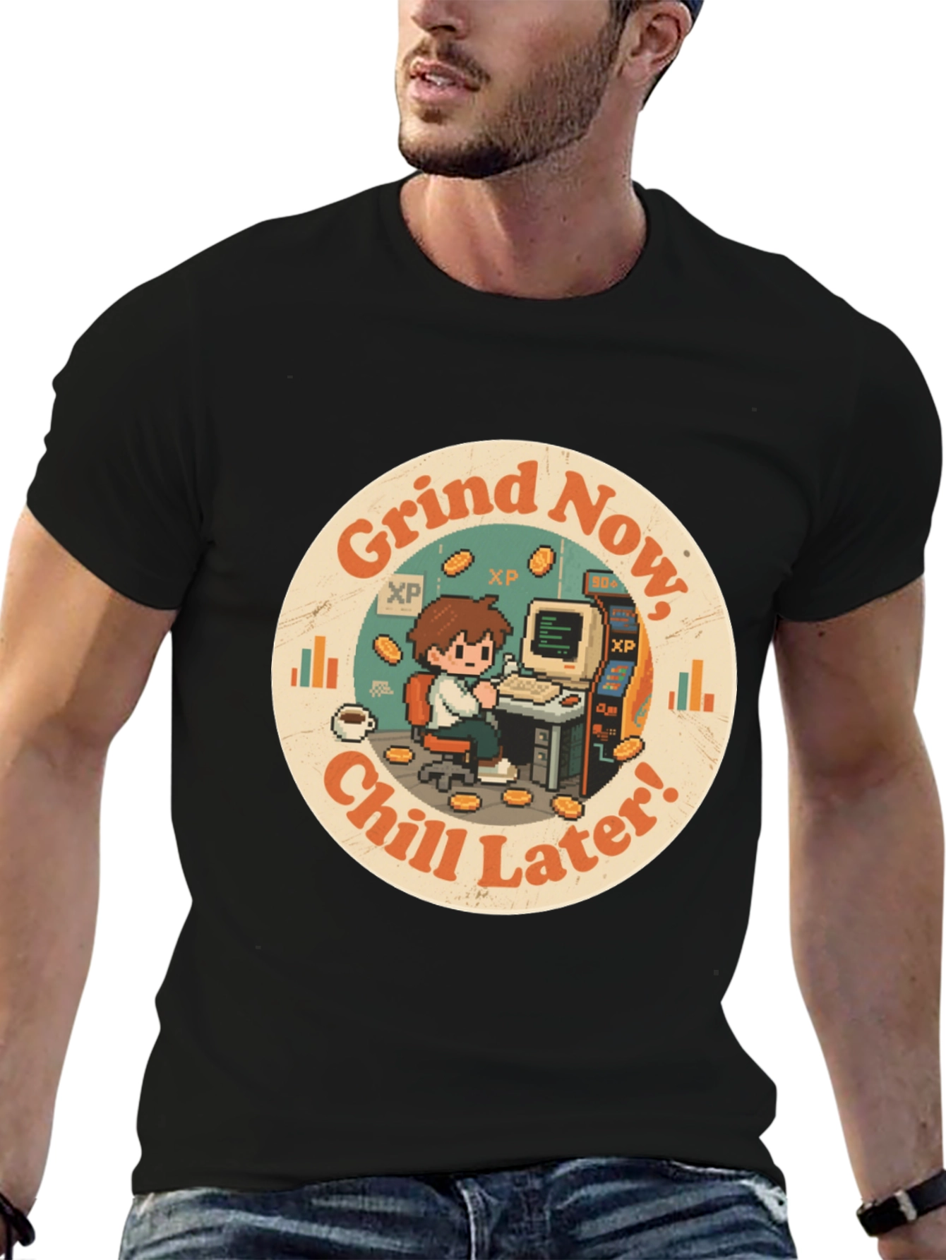 Black Grind Now, Chill Later T-Shirt - Gamer Style view 6