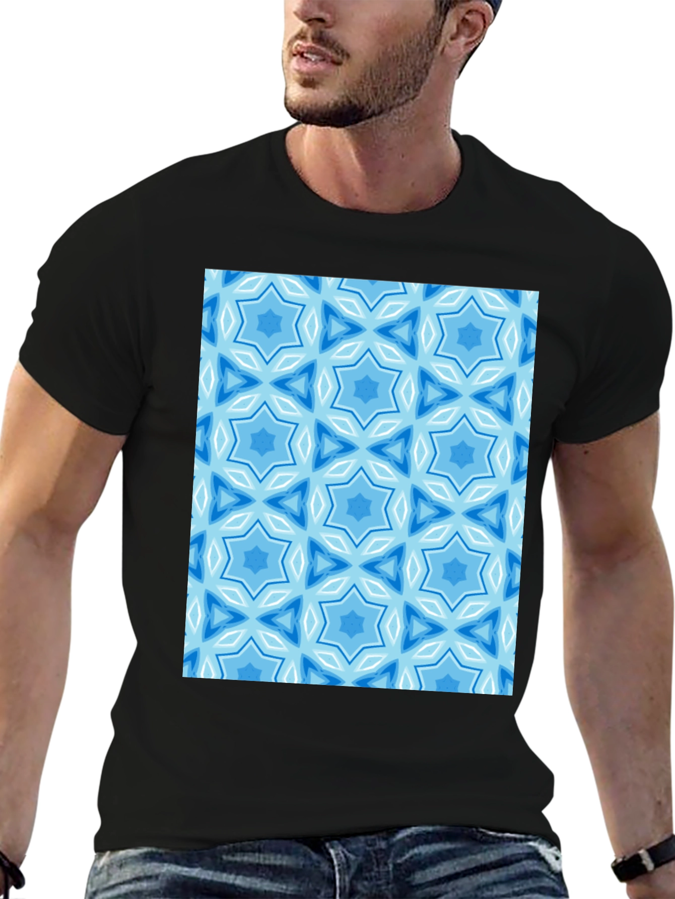 Black Blue Starburst Pattern Black T-Shirt view 6