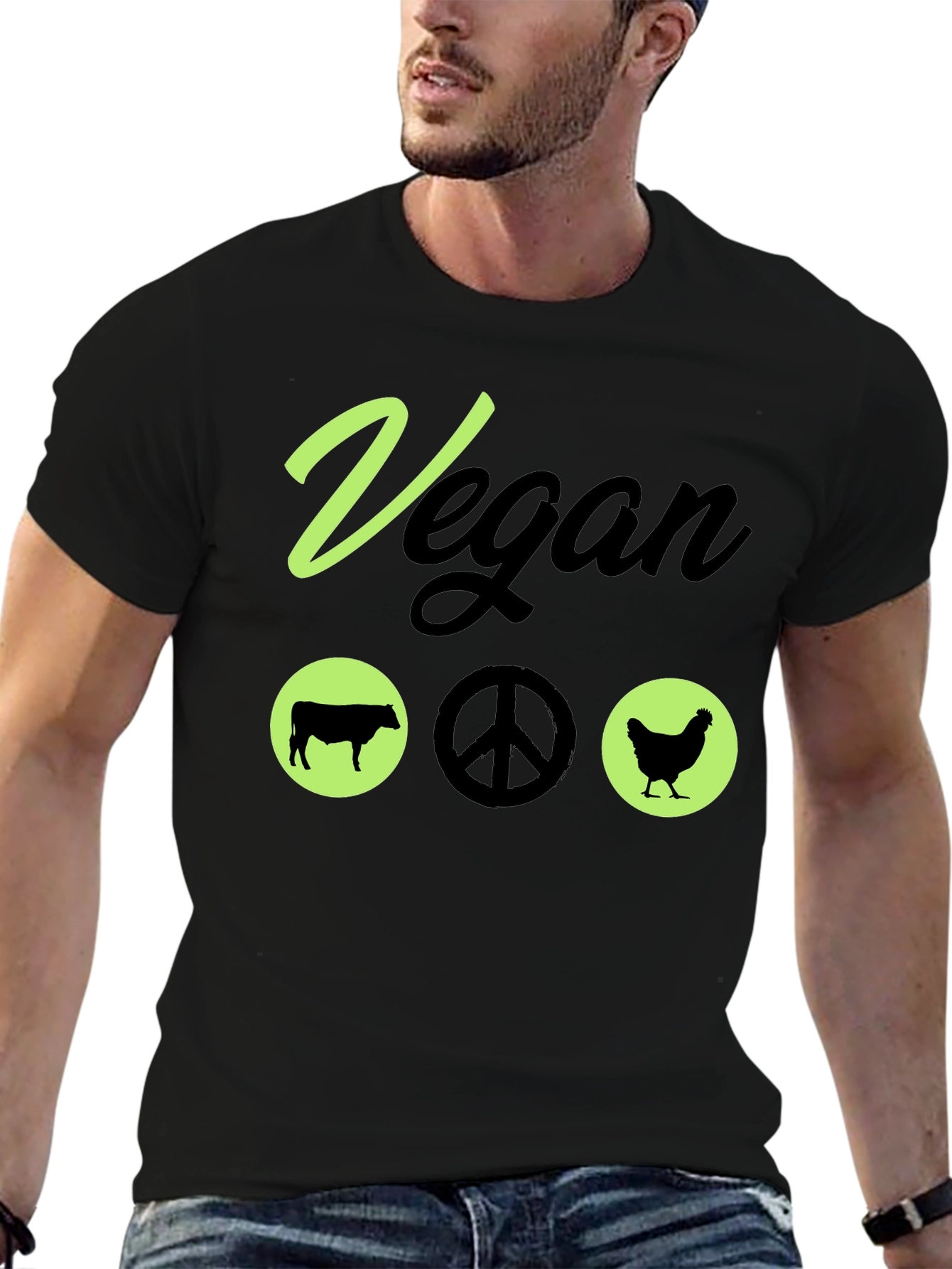 Black Vegan Peace T-Shirt Animal Lover Vegetarian Tee view 6