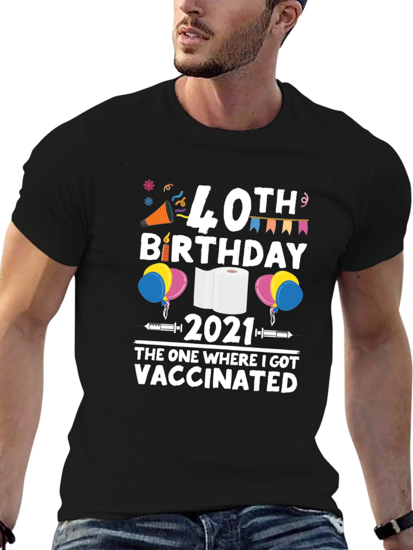 Black 40th Birthday Vaccinated 2021 Novelty T-Shirt view 6