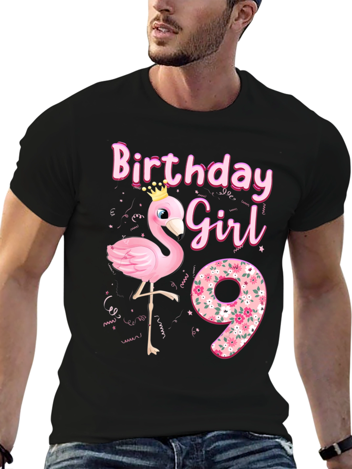 Black Birthday Girl 9th Flamingo T-Shirt view 6