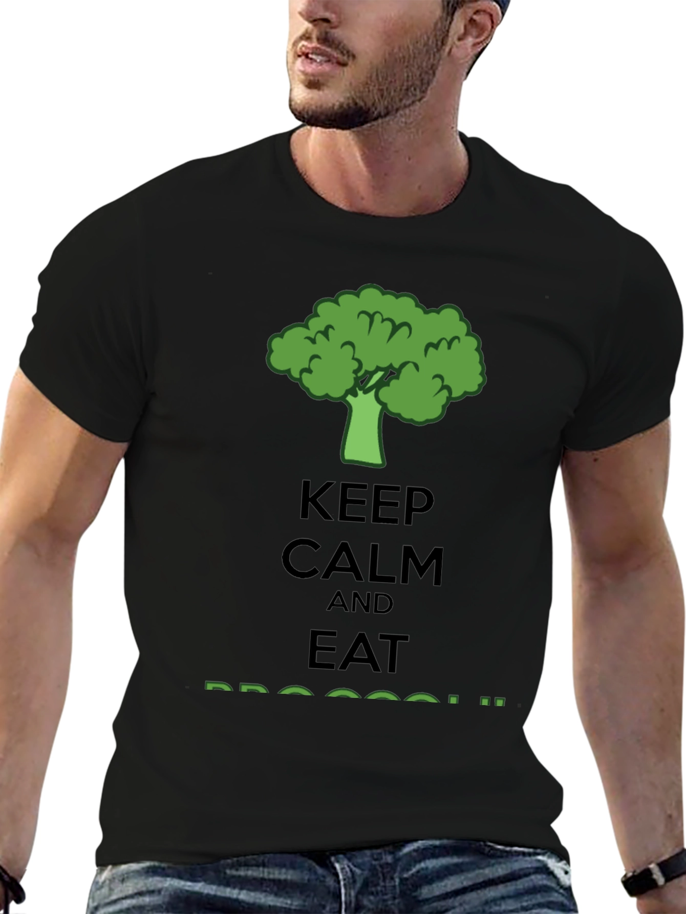 Black Keep Calm Eat Broccoli T-Shirt - Funny Vegan Tee view 6