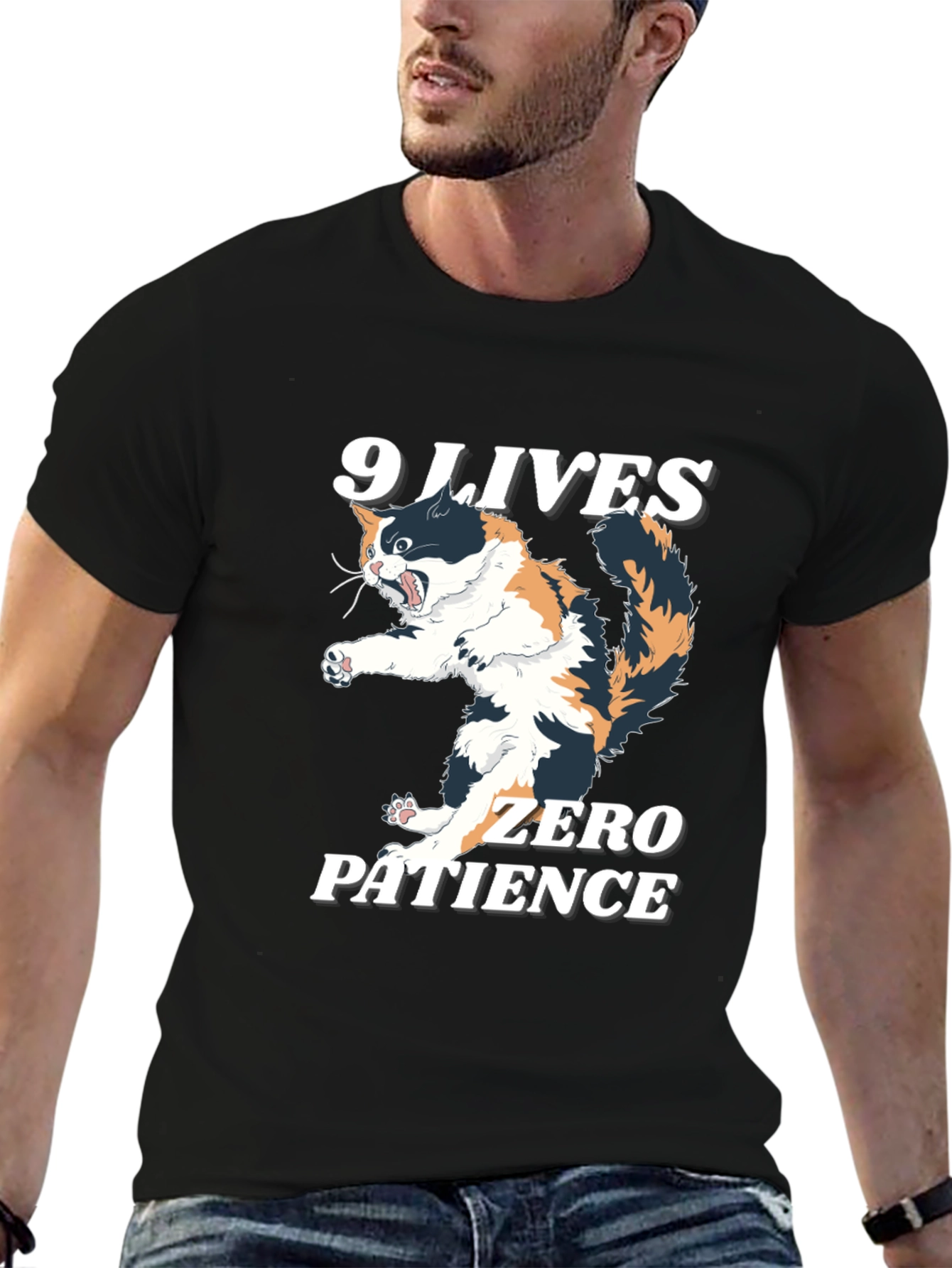 Black 9 Lives Zero Patience Cat Graphic Tee view 6