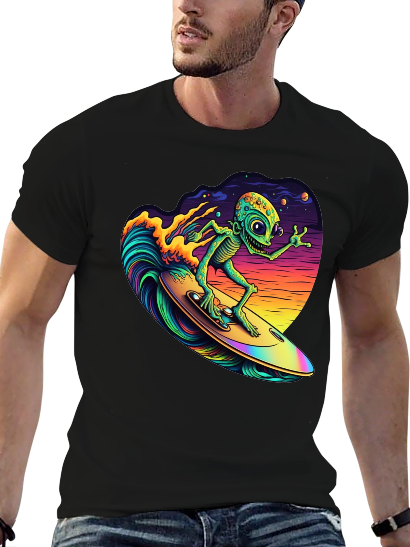 Black Surfing Alien T-Shirt - Black Cotton Tee view 6