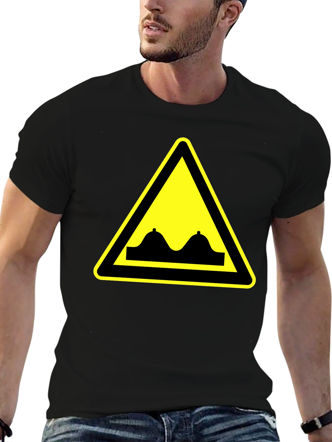 Black Funny Double Bump Warning Sign Black T-Shirt view 6