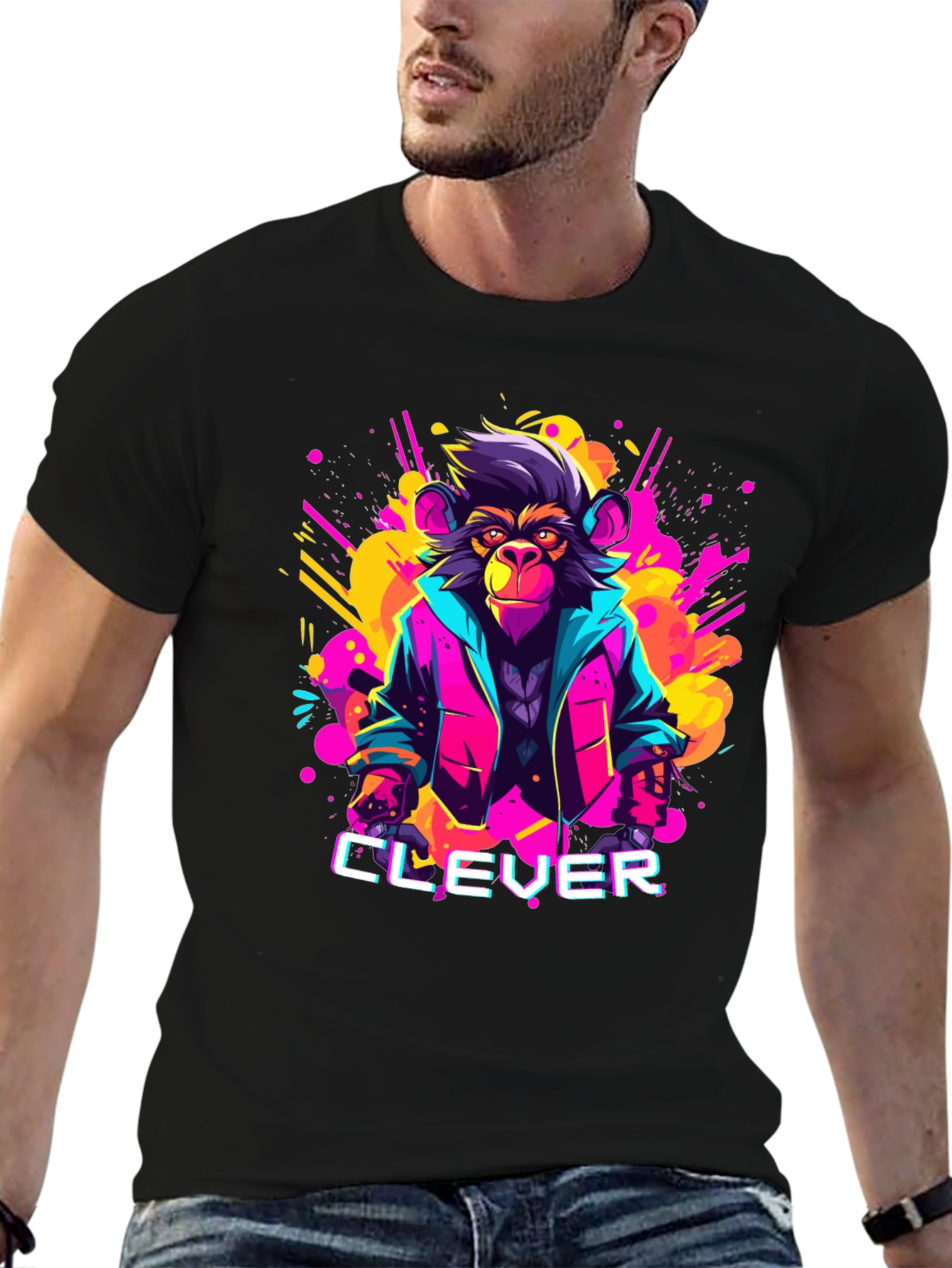 Black Clever Monkey Graphic Tee - Retro 80s Style view 6
