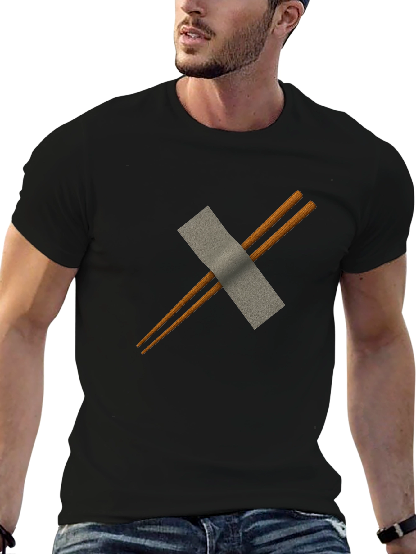 Black Chopsticks & Duct Tape Men's Black T-Shirt view 6