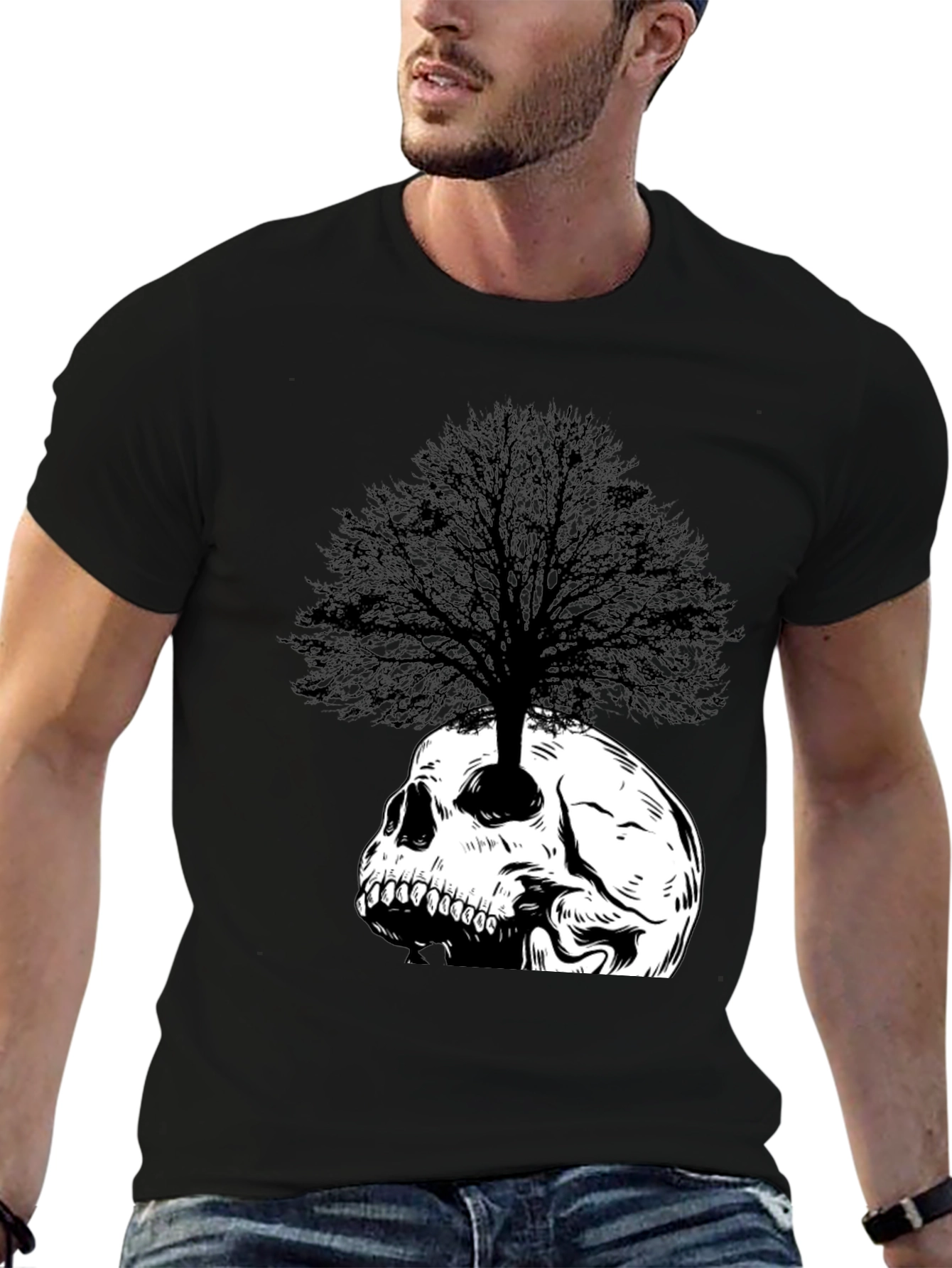 Black Skull Tree Graphic Tee - Black Cotton T-Shirt view 6