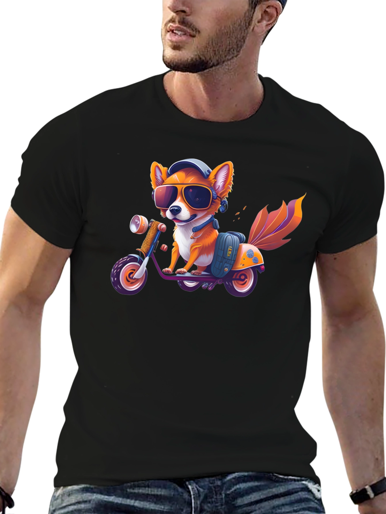 Black Cool Fox on Scooter Graphic T-Shirt view 6