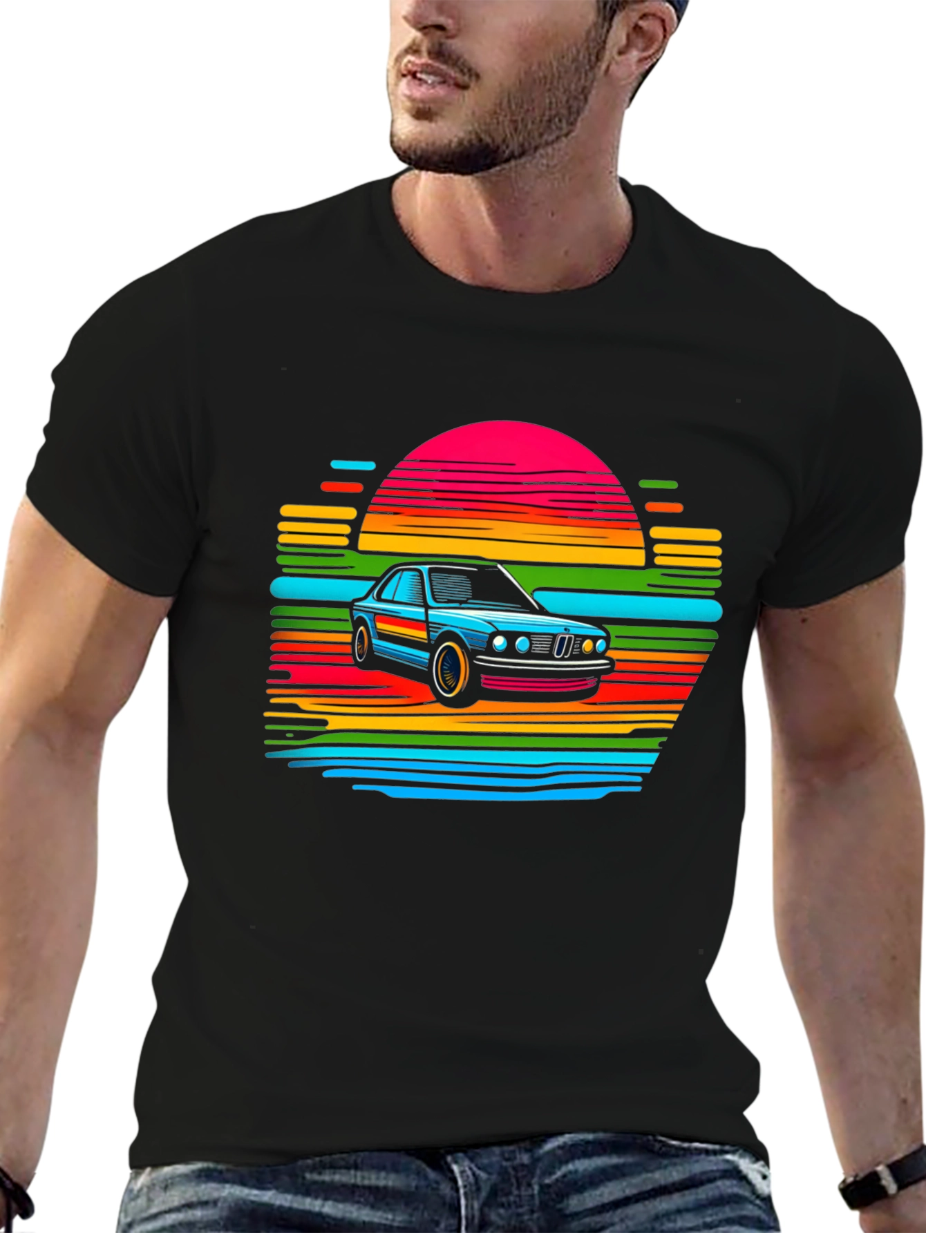 Black Retro Car Sunset T-Shirt - Black view 6