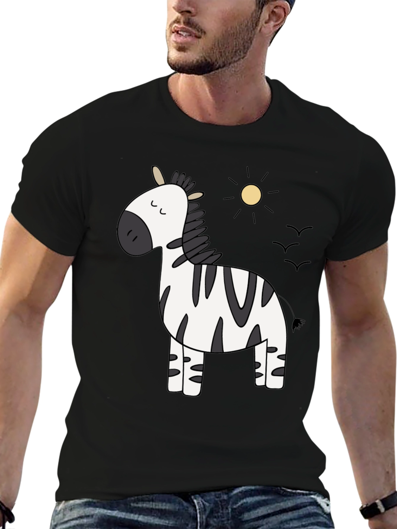 Black Cute Zebra Cartoon Graphic Black T-Shirt view 6