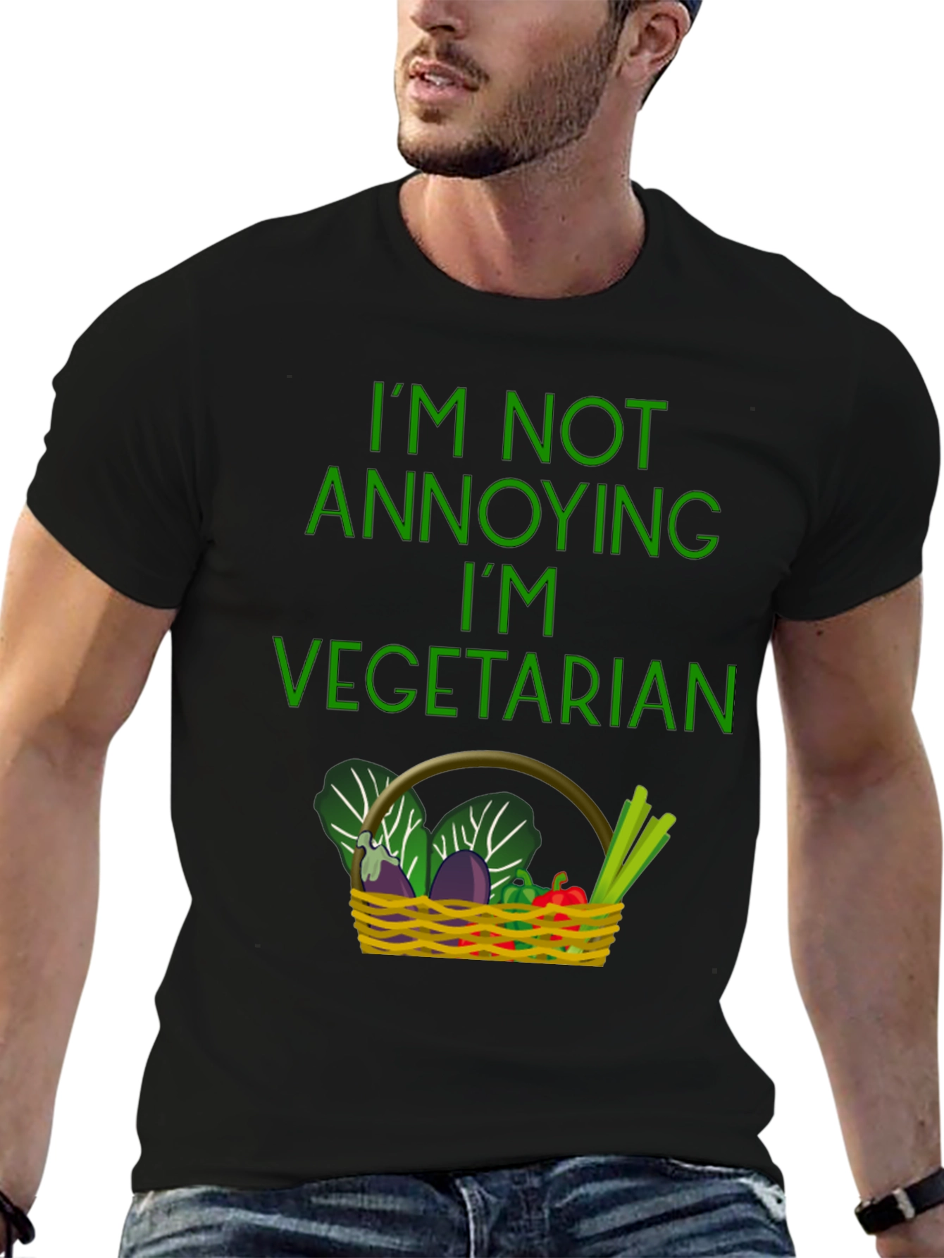 Black Funny Vegetarian T-Shirt - Basket of Veggies view 6