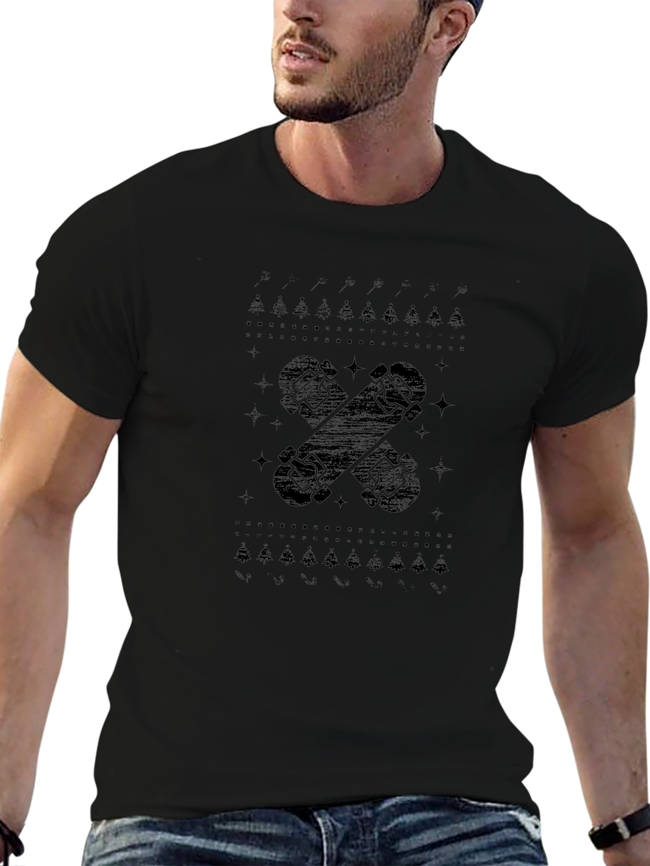 Black Skateboards Christmas Trees Pattern Men's Black T-Shirt view 6