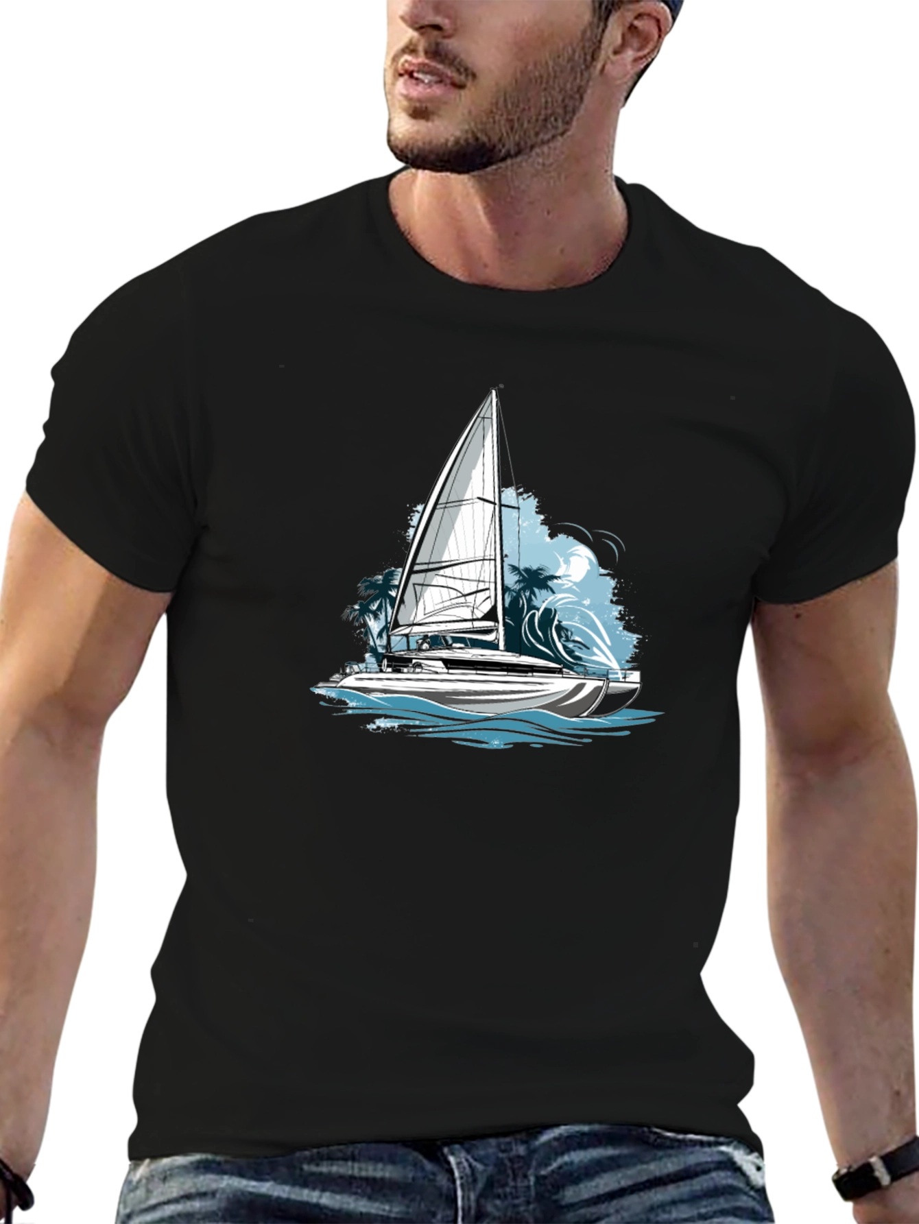 Black Nautical Sailboat Graphic Tee - Black Cotton Blend view 6